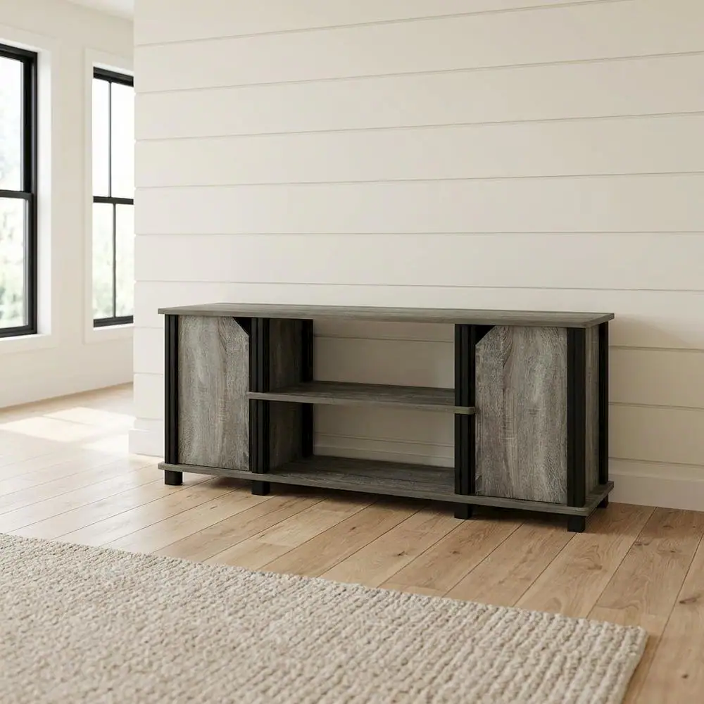 Alt View 2. FurniFact - Wooden TV Stand with Shelves and Storage in French Oak/Black finish - Black.
