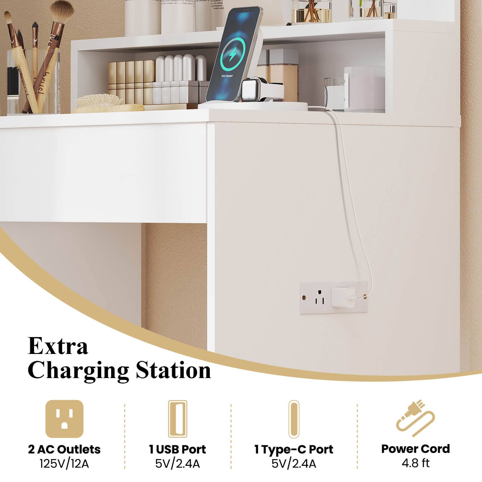 Extra Charging Station 2 AC Outlets 125V/12A 1 USB Port 5v/2.4A 1 Type-C Port 5v/2.4A Power Cord 4.8 ft