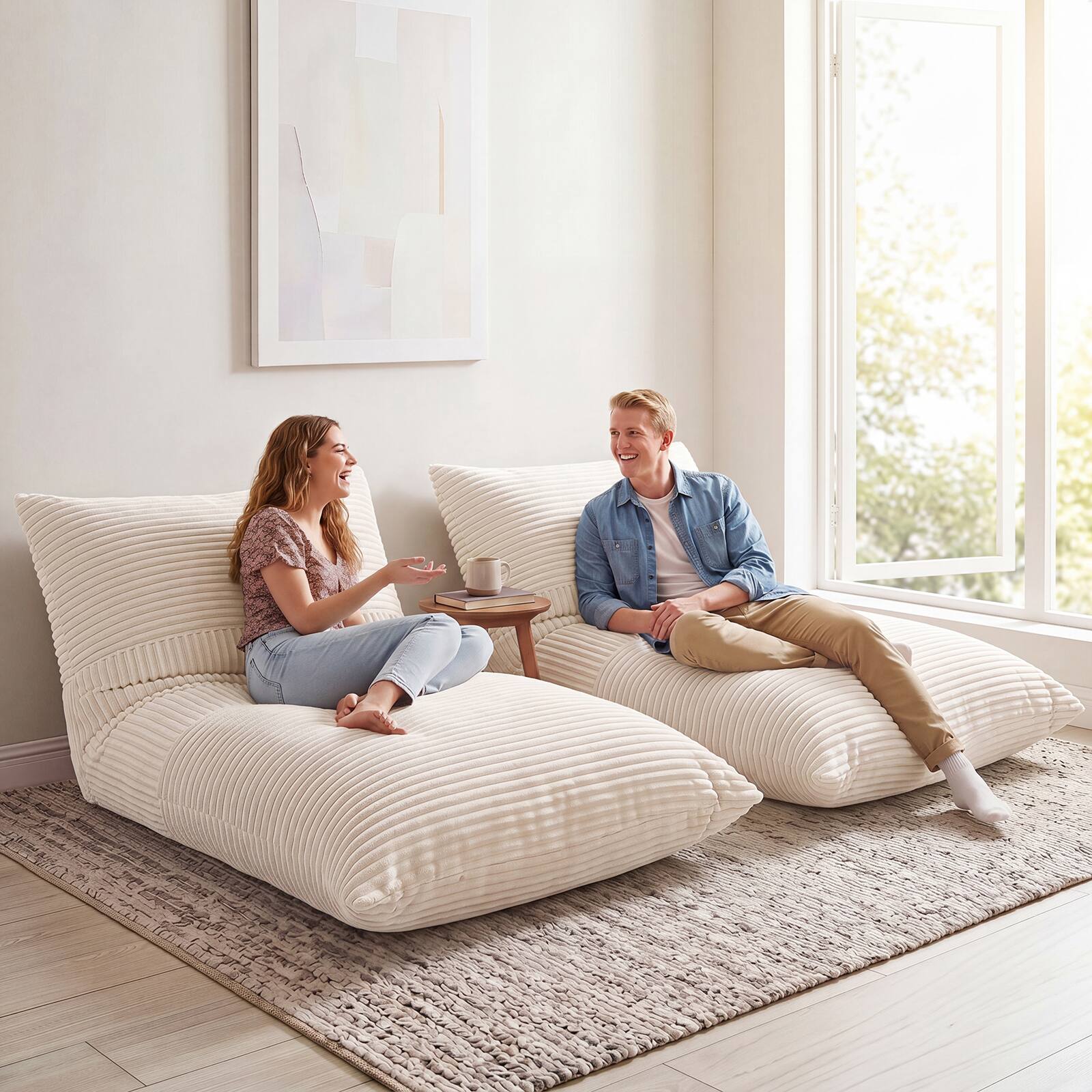 Alt View 1. Costway - Costway 3-in-1 Bean Bag Chair with Soft Crushed Sponge Comfy Corduroy Fabric Zippered Cover - Beige.