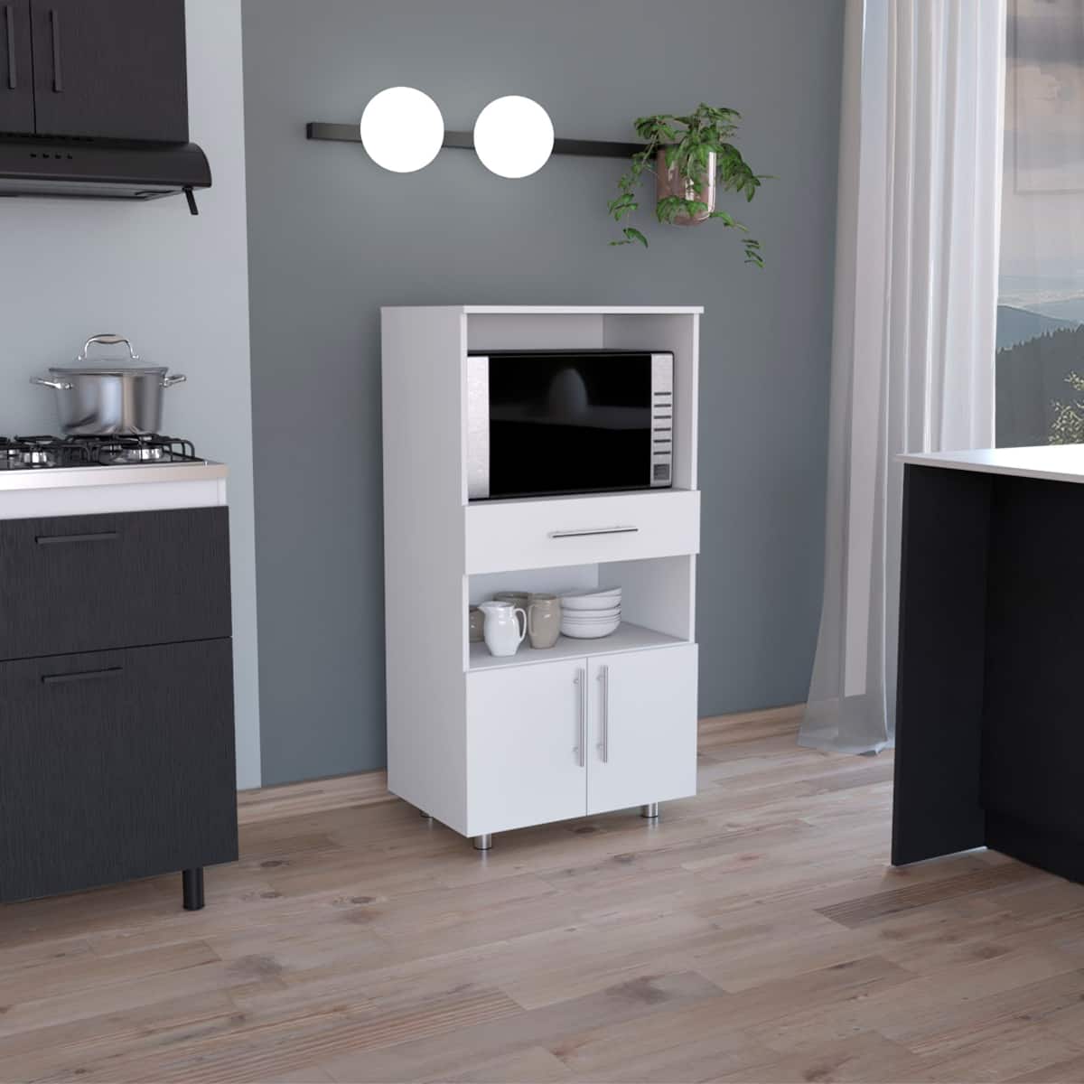 Loheer - Kitchen Pantry Cabinet 48 Inch Freestanding Microwave Stand with Storage - White