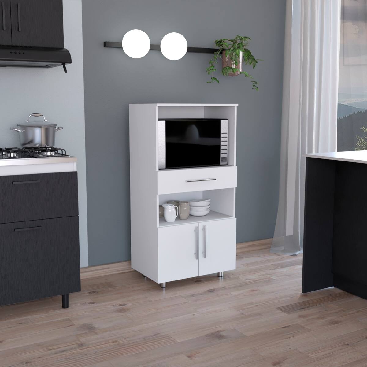 Front. Loheer - Loheer White Kitchen Pantry Cabinet 48 Inch Freestanding Microwave Stand with Storage - White.