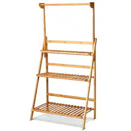 Costway - 3 Tier Bamboo Hanging Folding Plant Shelf Stand Flower Pot Display Rack Bookcase - Natural