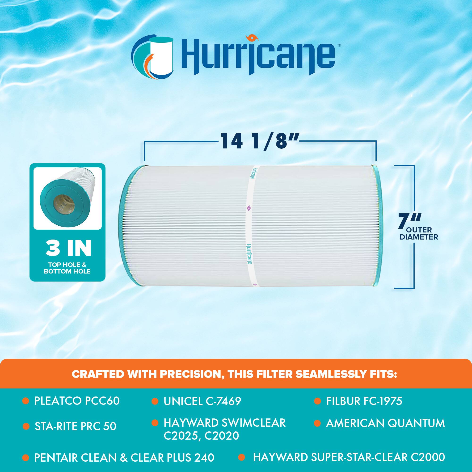 Hurricane 14 1/8" 3 IN TOP HOLE & BOTTOM HOLE 7" OUTER DIAMETER

CRAFTED WITH PRECISION, THIS FILTER SEAMLESSLY FITS:

- PLEATCO PCC60
- STA-RITE PRC 50
- PENTAIR CLEAN & CLEAR PLUS 240
- UNICEL C-7469
- HAYWARD SWIMCLEAR C2025, C2020
- FILBUR FC-1975
- AMERICAN QUANTUM
- HAYWARD SUPER-STAR-CLEAR C2000