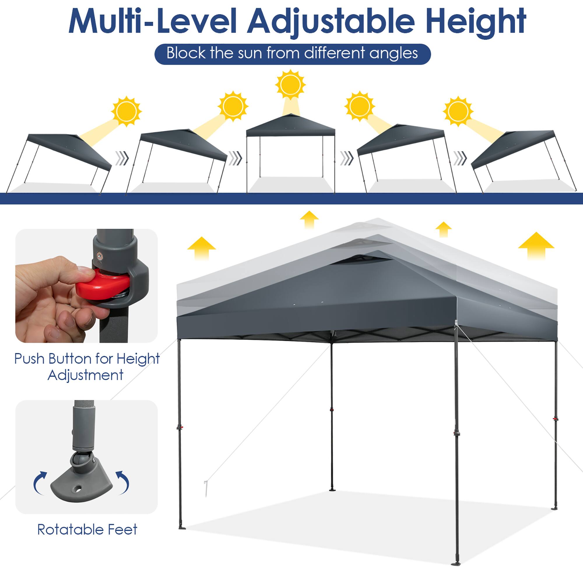 Multi-Level Adjustable Height  
Block the sun from different angles  

Push Button for Height Adjustment  

Rotatable Feet