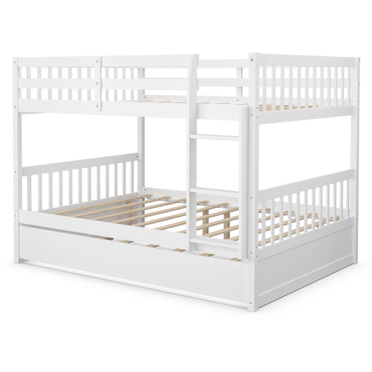 Costway - Full over Full Bunk Bed Platform Wood Bed Captain's Bed w/ Trundle & Ladder Rail - White