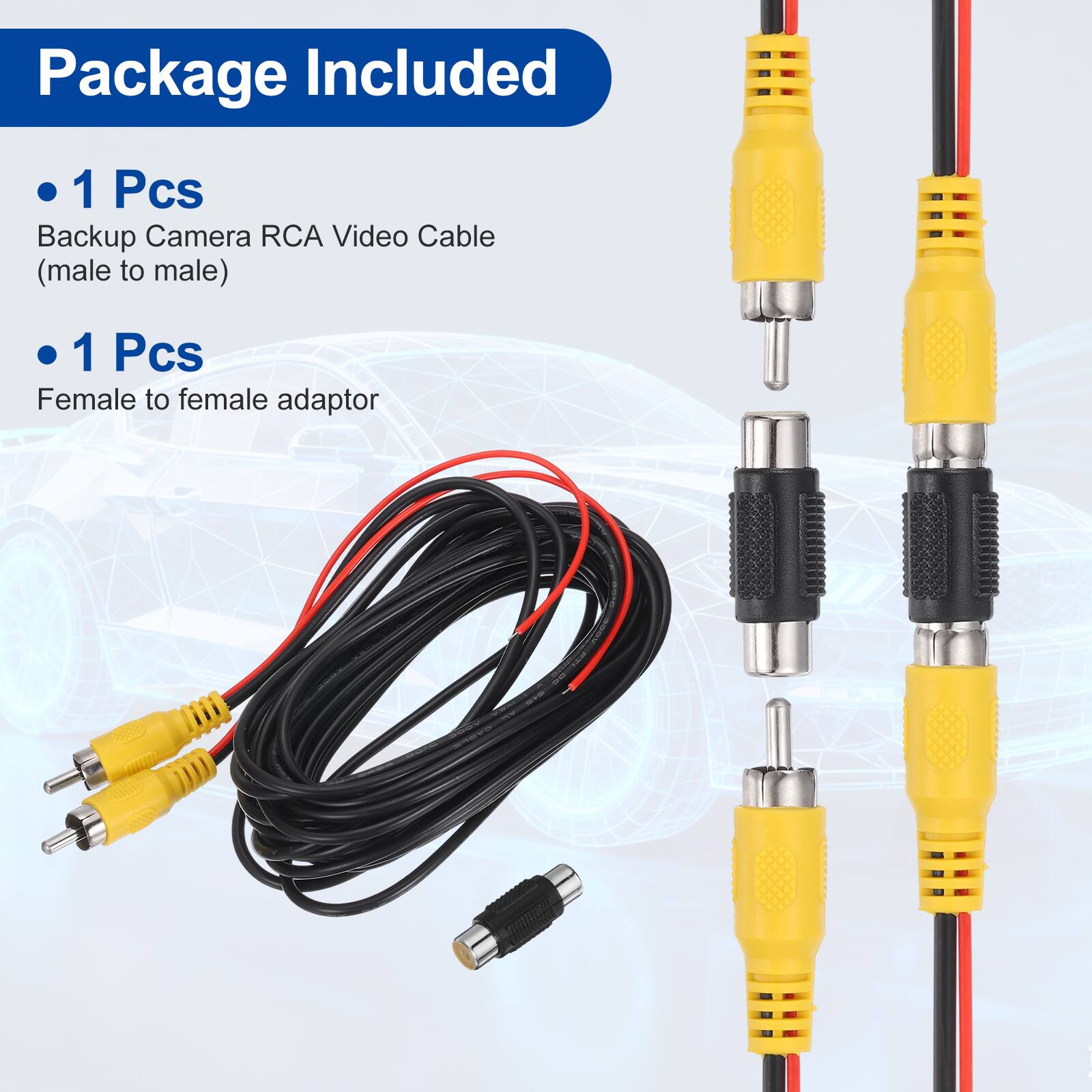 Package Included

- 1 Pcs Backup Camera RCA Video Cable (male to male)
- 1 Pcs Female to female adaptor