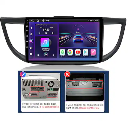 - * 18:25 - & FM MHz 87.50 M O km/h UNKNOWN UNINOTRN M Spotify Chrome YouTube Pay Store Theme X if your original car radio back like left photo, it is compatible. if your original car radio back like right photo please contact us.