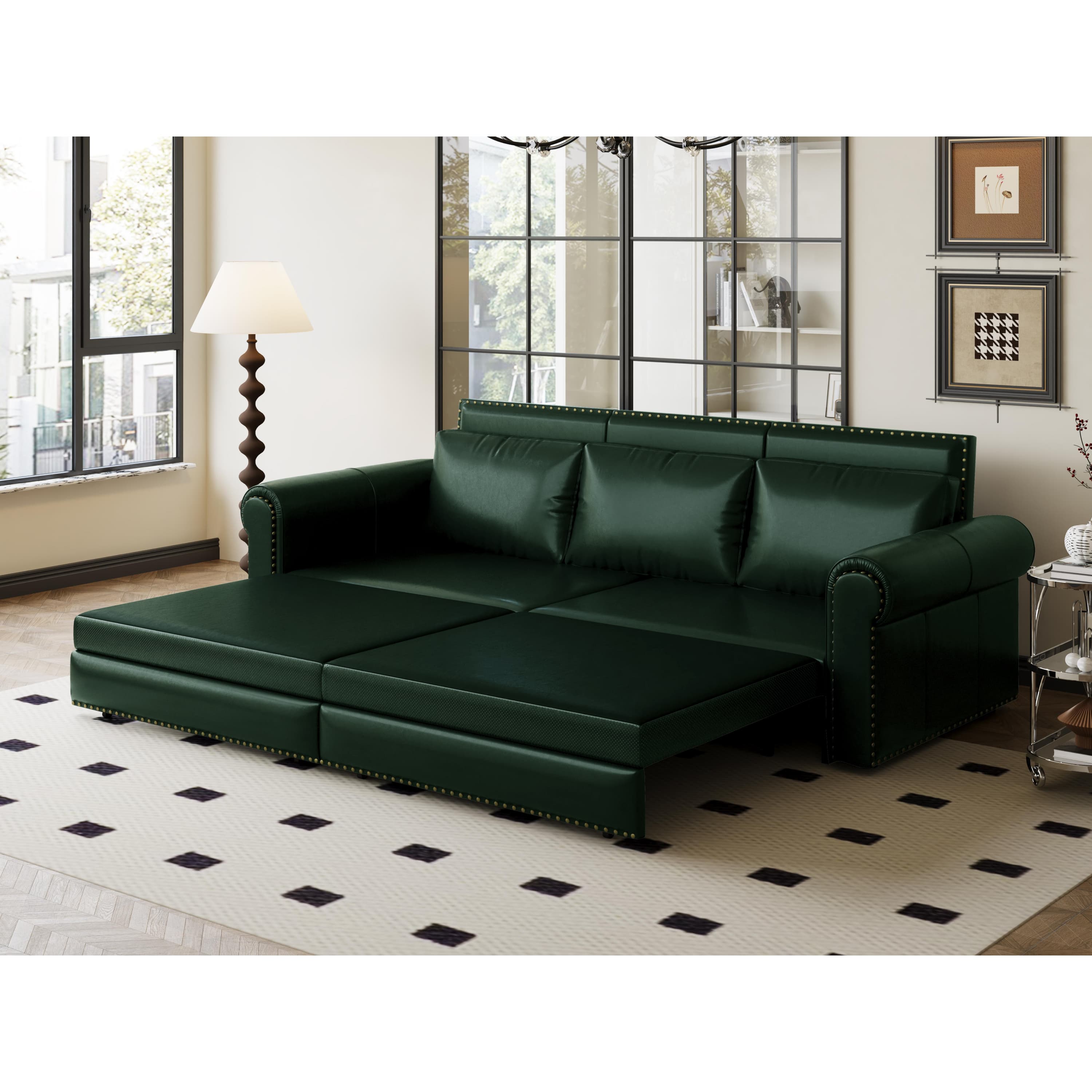 Angle. Anysun - 93.7" 3-in-1 Faux Leather Convertible Sofa Bed - King Pull-Out Sleeper, Nailhead Trim & Rolled Arms for Living Room - Green.