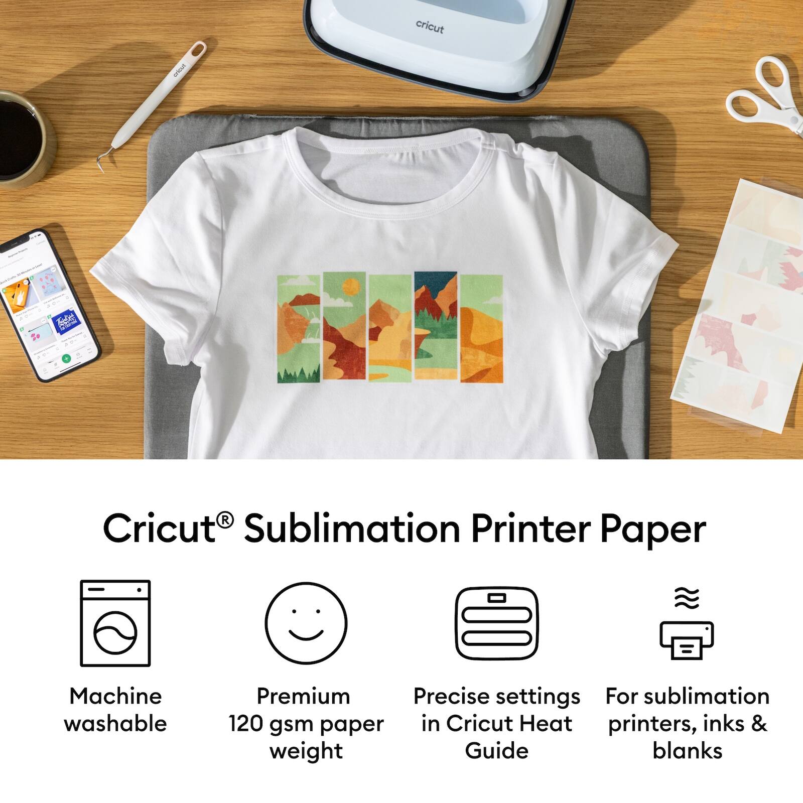 Cricut® Sublimation Printer Paper

- Machine washable
- Premium 120 gsm paper weight
- Precise settings in Cricut Heat Guide
- For sublimation printers, inks & blanks