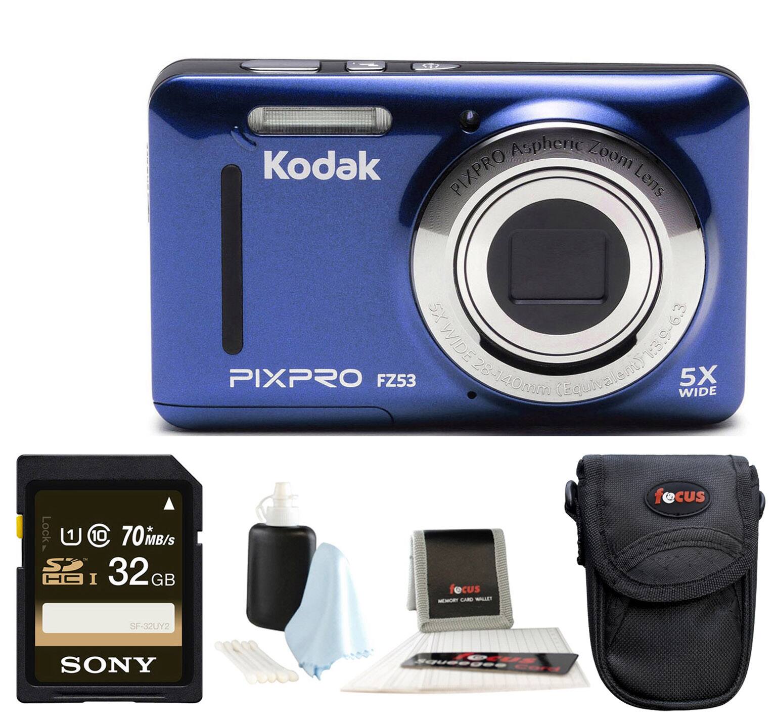 The image features a Kodak PIXPRO camera with a 5x zoom lens. The camera is blue and silver in color. In addition to the camera, there are several accessories and items displayed, including a Sony memory card, a pouch, and a case. The memory card is 32GB in size and is compatible with the camera. The pouch and case are designed to protect and store the camera and its accessories when not in use.