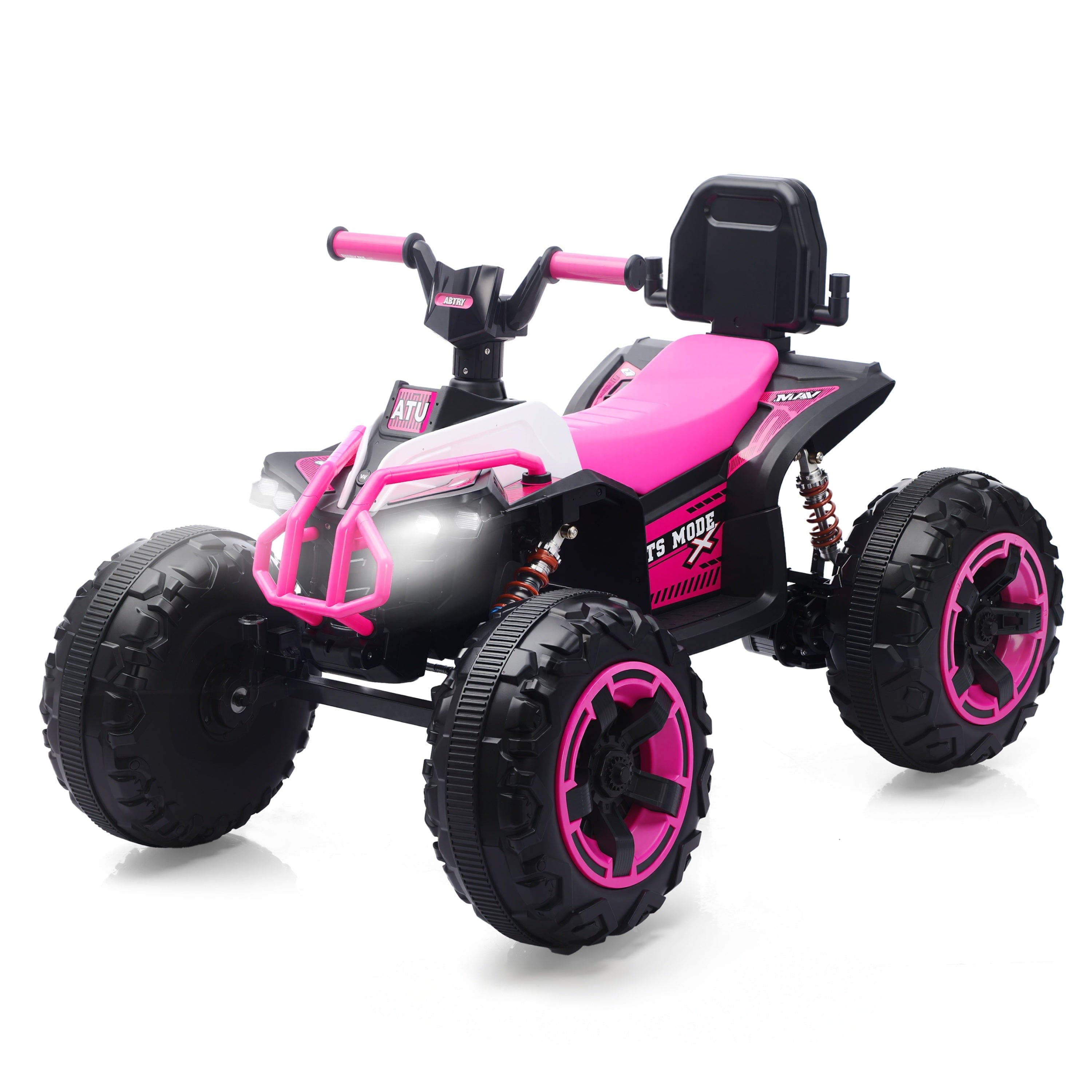 BreeBe - 12V Kids Ride-On ATV Car, 4-Wheel Electric, Bluetooth, Lights, Leather Seats, Indoor & Outdoor, Boys & Girls - Pink