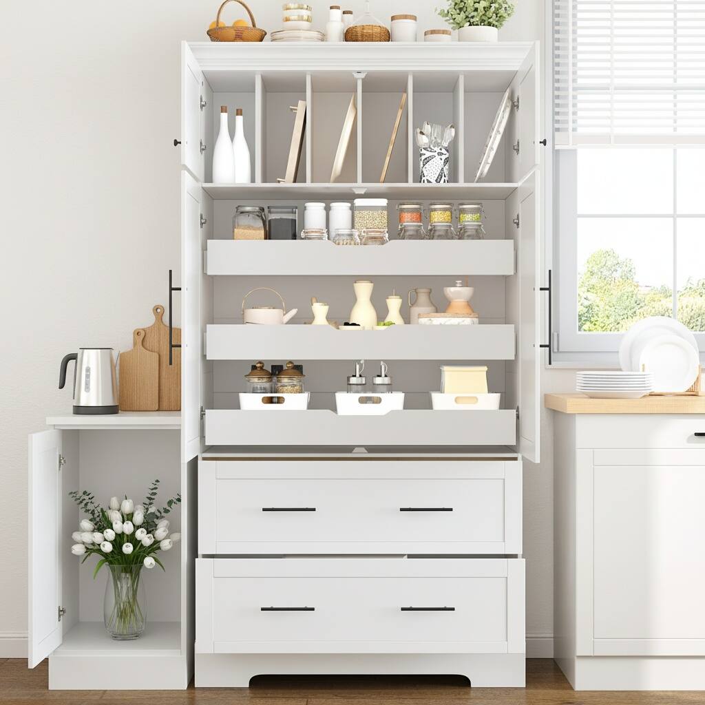 Left. Forest'nSky - 72.6" Farmhouse Kitchen Pantry, 40" Wide with Pull-Out Trays & Cake Pan Storage Organizer, White - White.