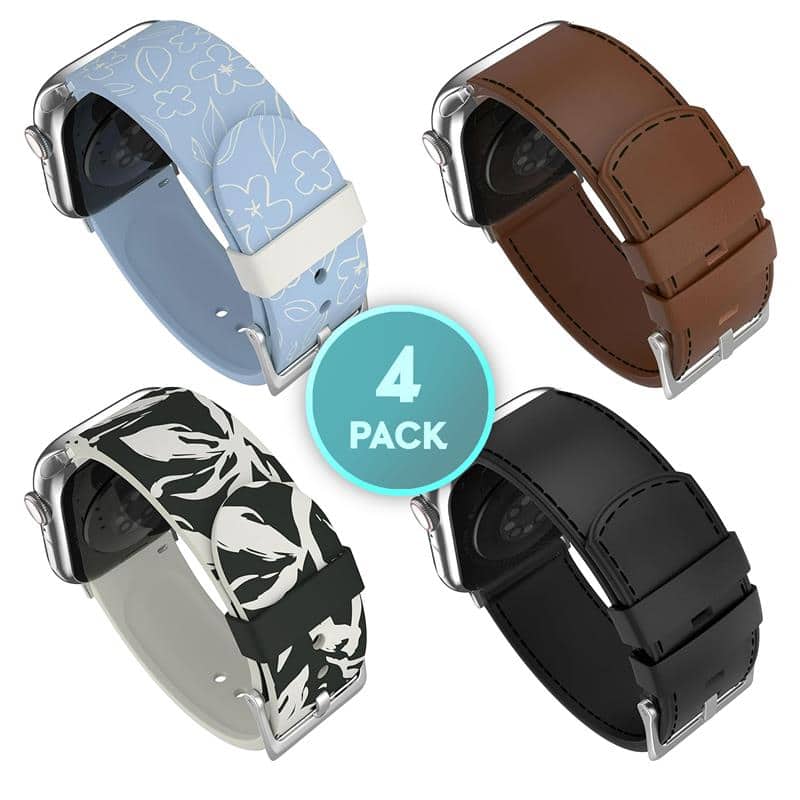 MobyFox - 4-pack Leather & Silicone Apple Watch Bands for Series 9-11, Ultra 1-8, SE - compatible with sizes from 38mm to 48mm - Multi Color