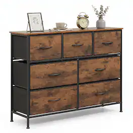 Costway - 7-Drawer Wide Dresser with 2-Sized Folding Fabric Drawers & 2 Anti-tipping Kits - Rustic Brown