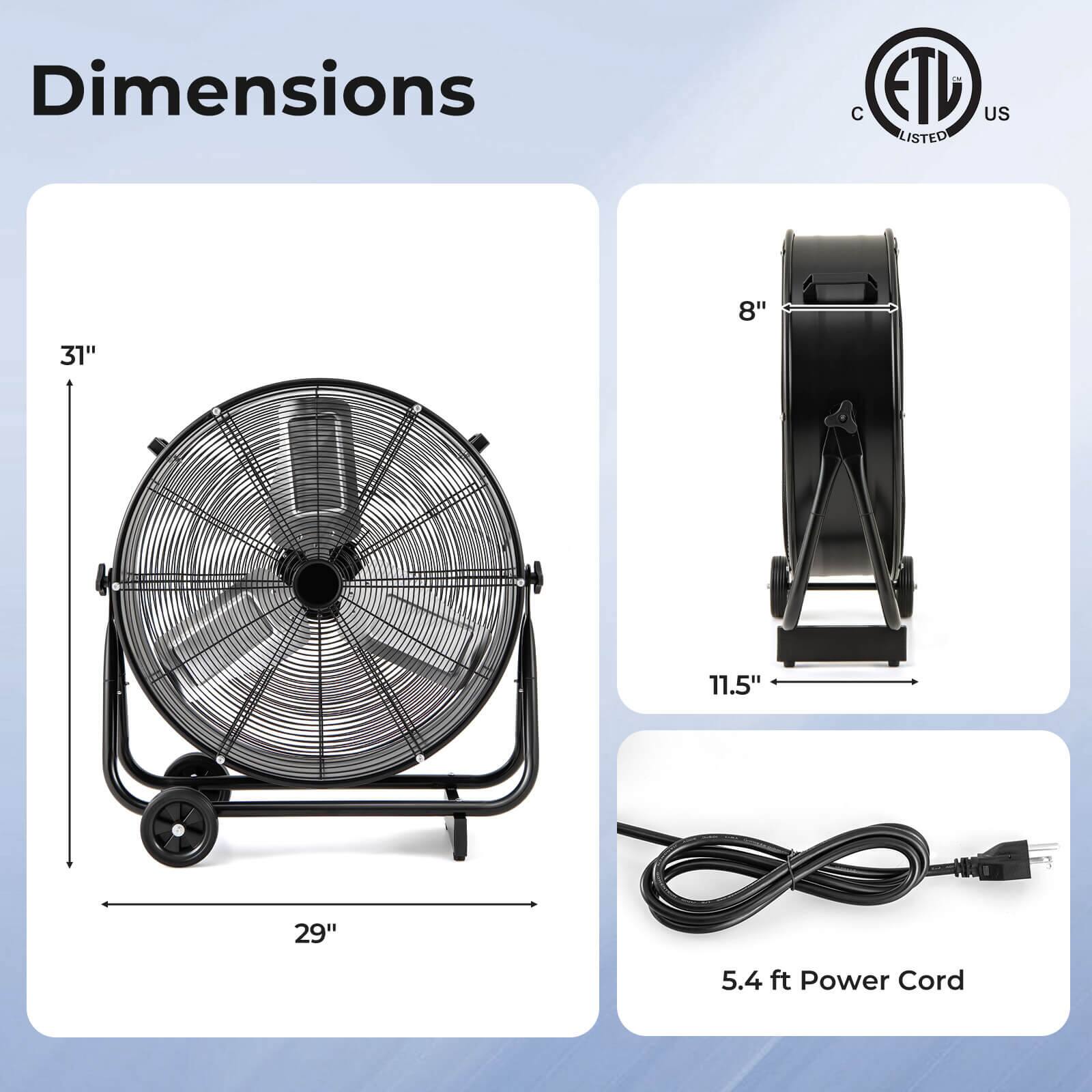 Dimensions: 31", 29", 11.5", 8" and 5.4 ft Power Cord.