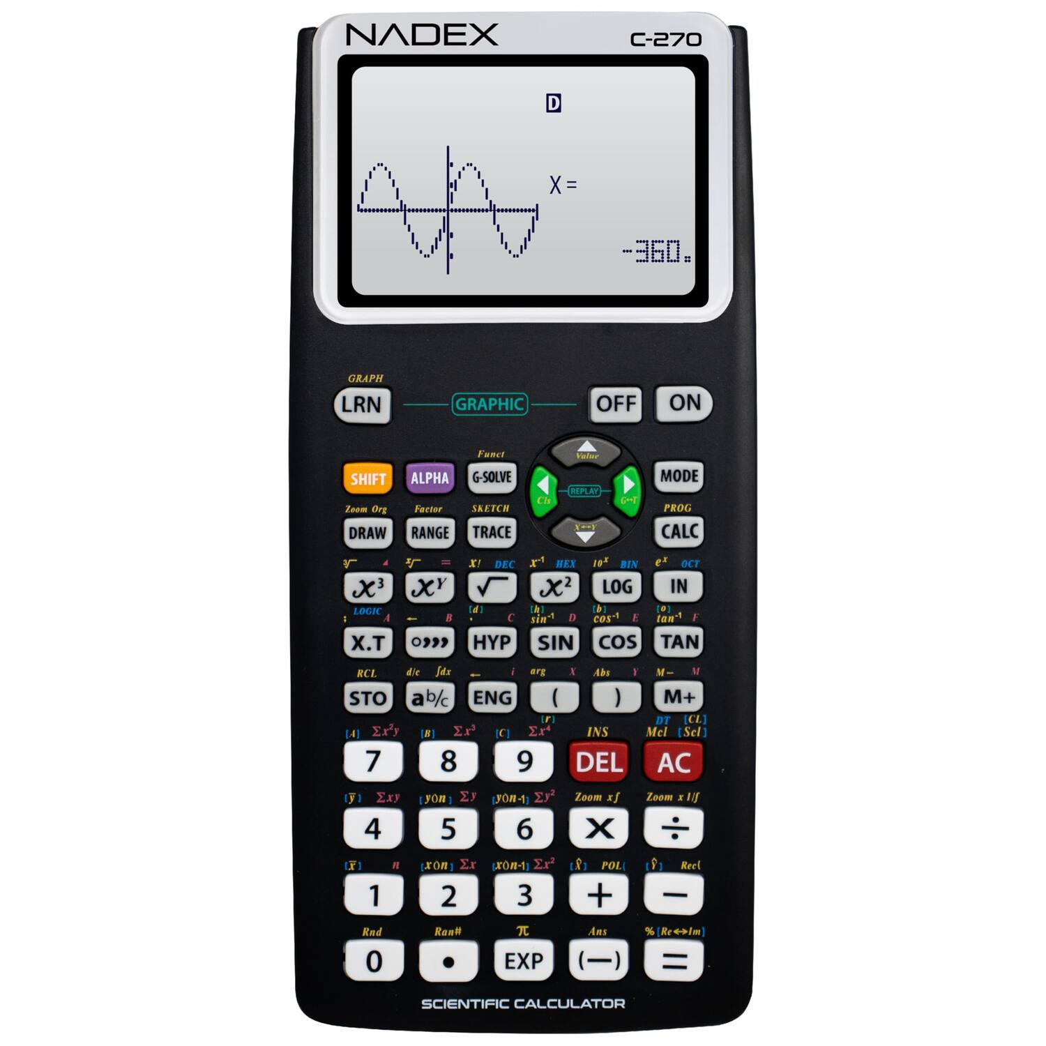NADEX C-270

GRAPH LRN GRAPHIC OFF ON SHIFT ALPHA G-SOLVE SKETCH TRACE DRAW RANGE CALC X LOGK .T 5 - XY a 09 K DEC a C HYP HEX x2 h sin' . SIN BIN LOG  cos E Cos DLT IN . dan J TAN RCL de Jdx arg STO ab/c ENG I F L4] Er'y N Er C Eri 7 8 9  x FOn J J0N41 r 4 5 6 I Abs I M M I M+ DT [CE] INS Mel Sel] DEL AC Zoom x Loom . 1f X  1 n XOR Er 2 x0n-1 Er 3 POL + Rret  Rnd 0 Real  EXP Ans % Krooim = SCIENTIFIC CALCULATOR