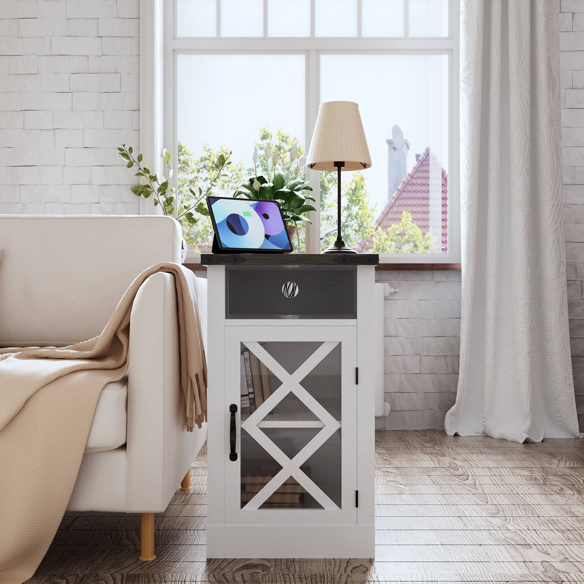 Left. Spaco - Spaco Farmhouse Nightstand with Charging Station, Barn Door, Adjustable Shelf, 3-Tier Storage for Bedroom - White.