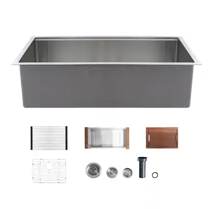 Front. VEVOR - 33-inch Kitchen Undermount Single Bowl Sinks, Stainless Steel Drop-In Farmhouse Basin with Ledge & Accessories - Silver.