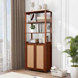 U-HOMY - Rattan Bookcase with Cabinet, Freestanding Bookcase with Doors and Open Storage Shelves for Living Room - Brown