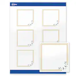 Avery - Labels, 3" x 3", Glossy Double Gold Border/Florals - White