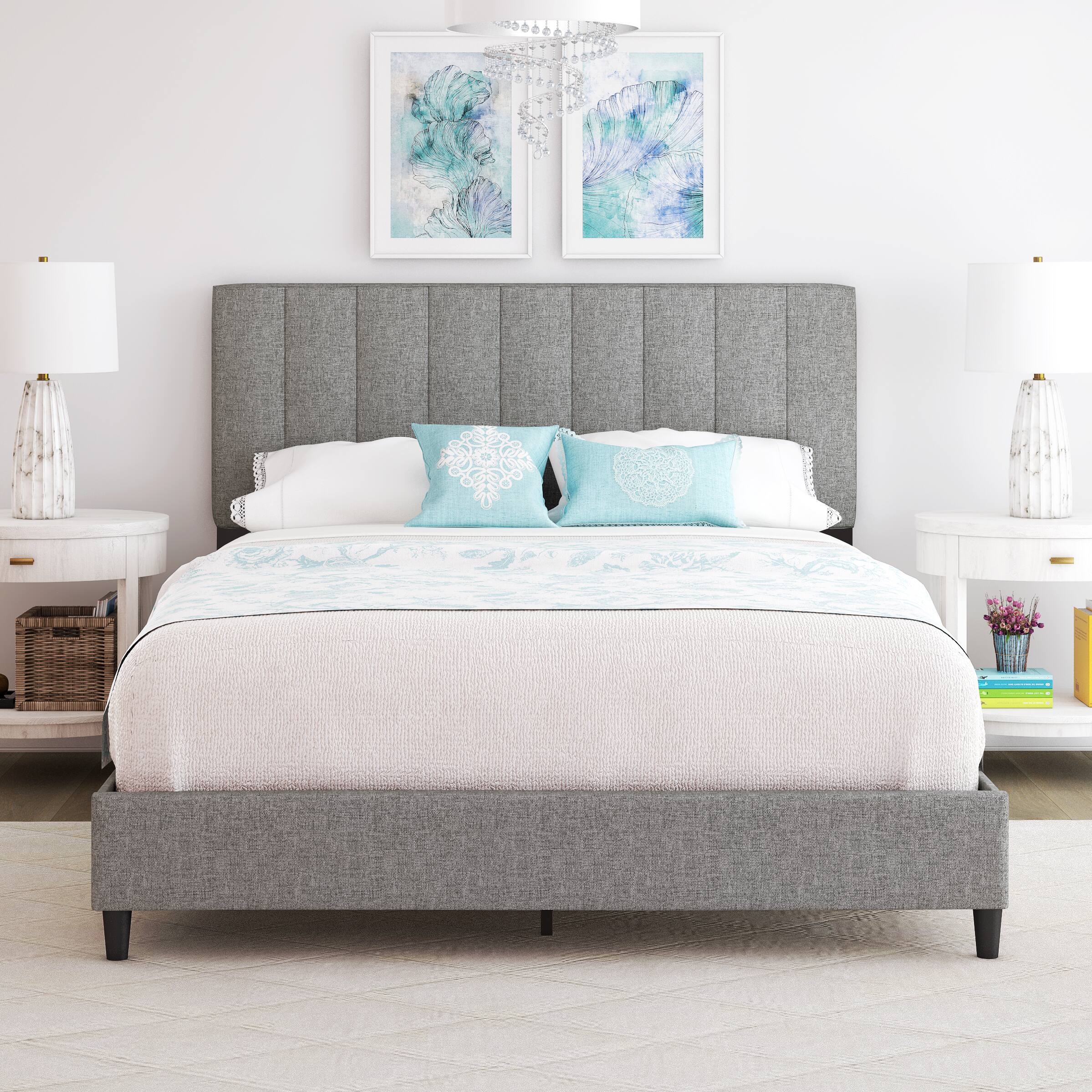 Alt View 4. Boyd Sleep - Leah Upholstered Platform Bed Frame, 13 Slat Support, No Box Spring Required, Queen - Gray.