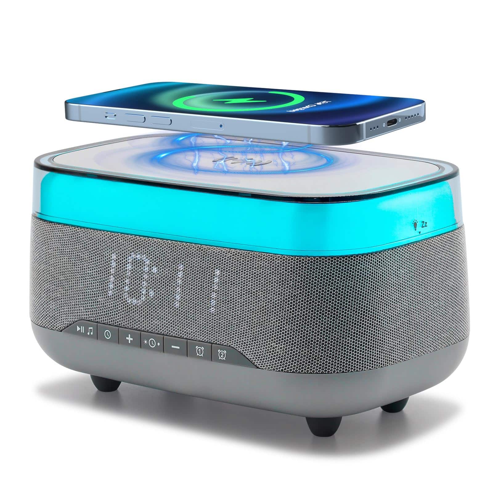 Dazzed Corner - Smart Alarm Clock with Wireless Charger, Bluetooth Speaker, Dual Alarm - Gray