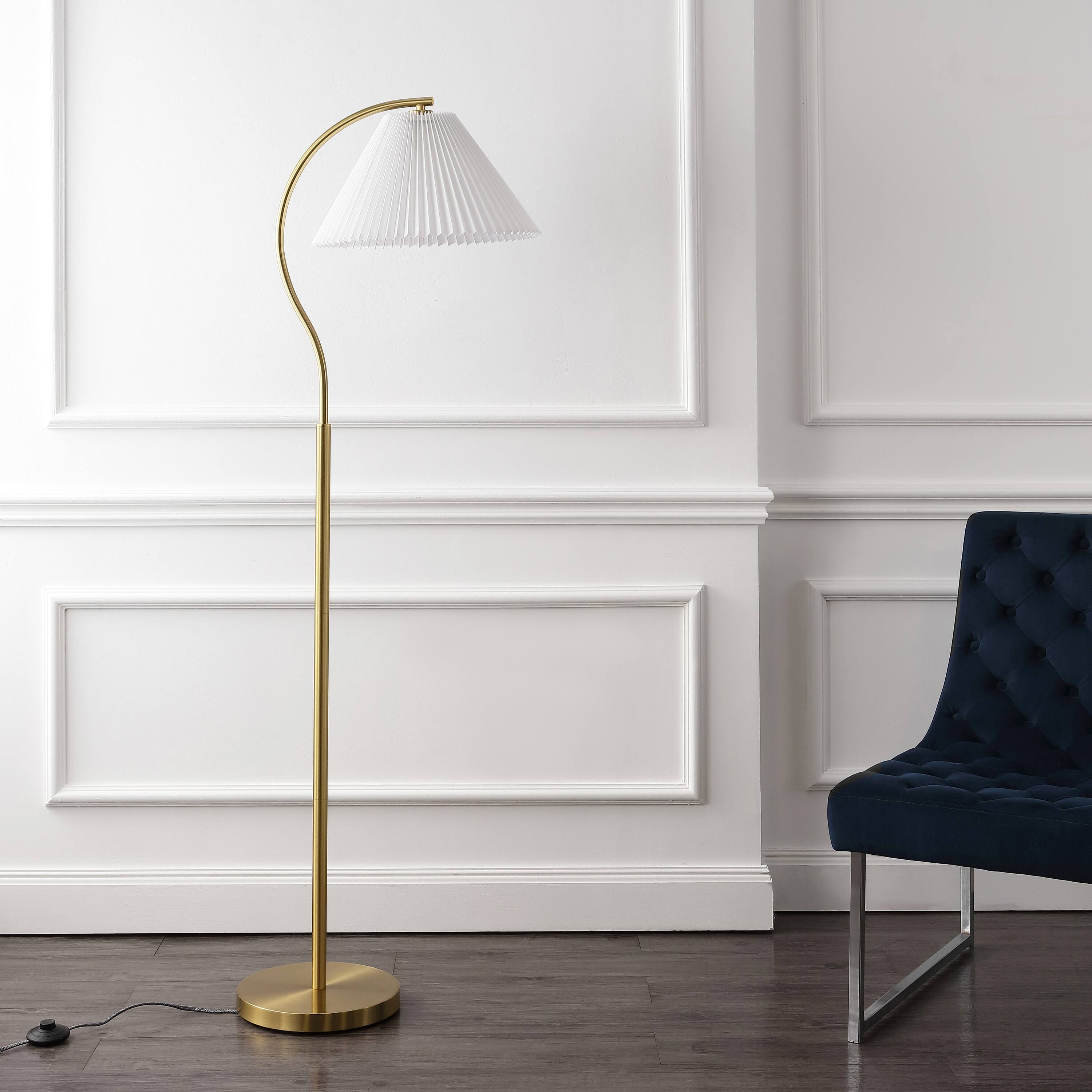 Alt View 4. Jonathan Y - Devon 60.5" Modern Glam Metal Arc LED Floor Lamp with Pleated Shade, Brass Gold/White - Brass Gold.