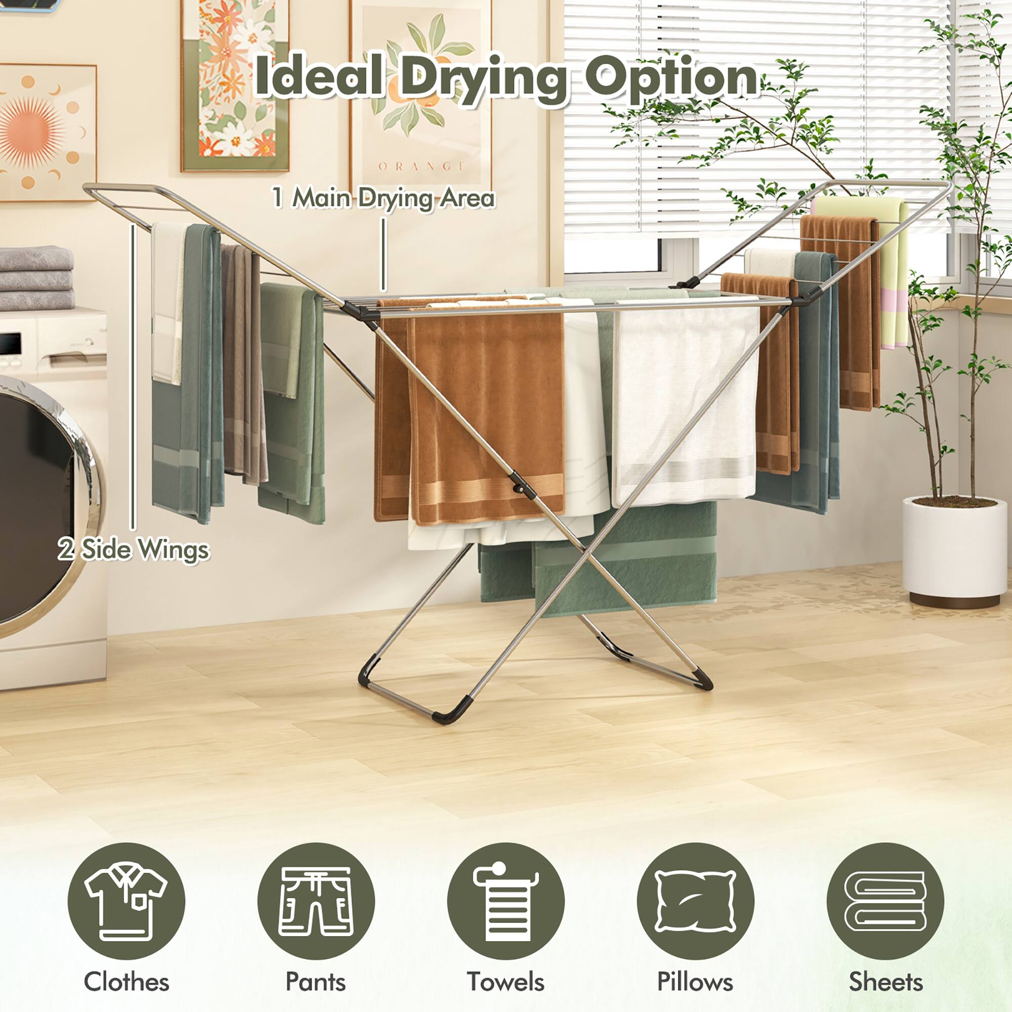 Ideal Drying Option

1 Main Drying Area

2 Side Wings

Clothes, Pants, Towels, Pillows, Sheets