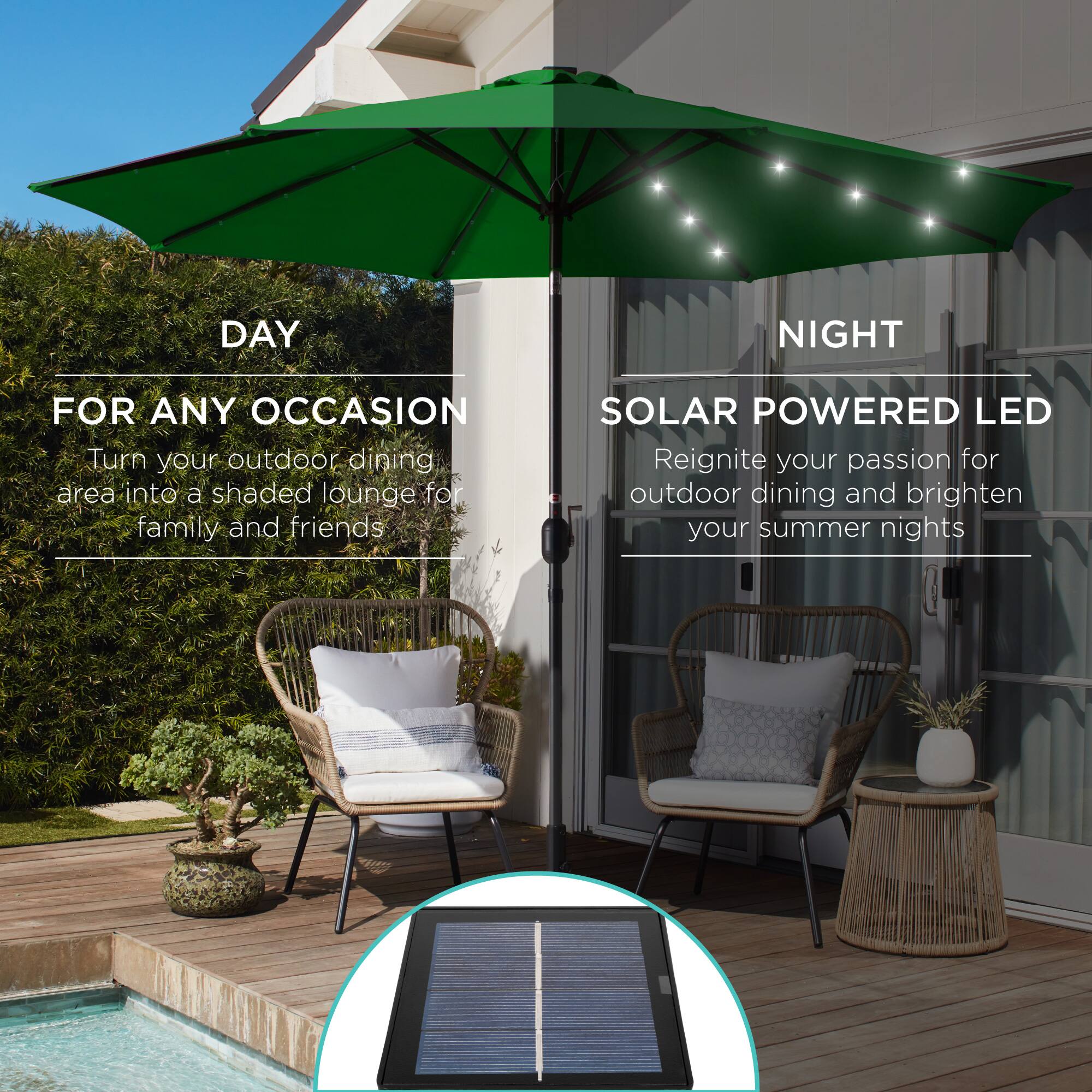 **DAY NIGHT FOR ANY OCCASION**

Turn your outdoor dining area into a shaded lounge for family and friends.

**SOLAR POWERED LED**

Reignite your passion for outdoor dining and brighten your summer nights.