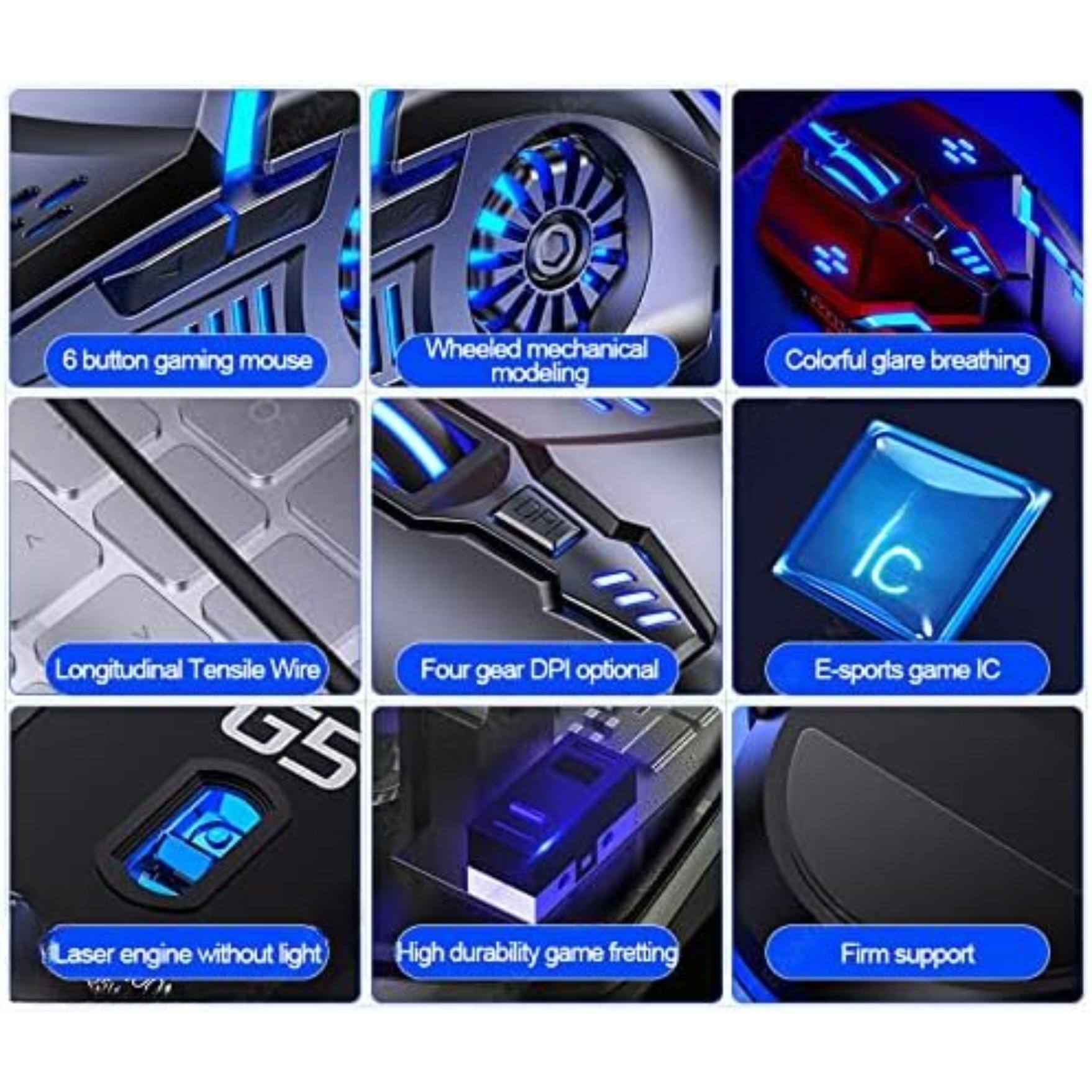 Sure, here is the corrected and grouped text from the image:

- 6 button gaming mouse
- Wheeled mechanical modeling
- Colorful glare breathing
- Longitudinal Tensile Wire
- Four gear DPI optional
- E-sports game IC
- Laser engine without light
- High durability game fretting
- Firm support