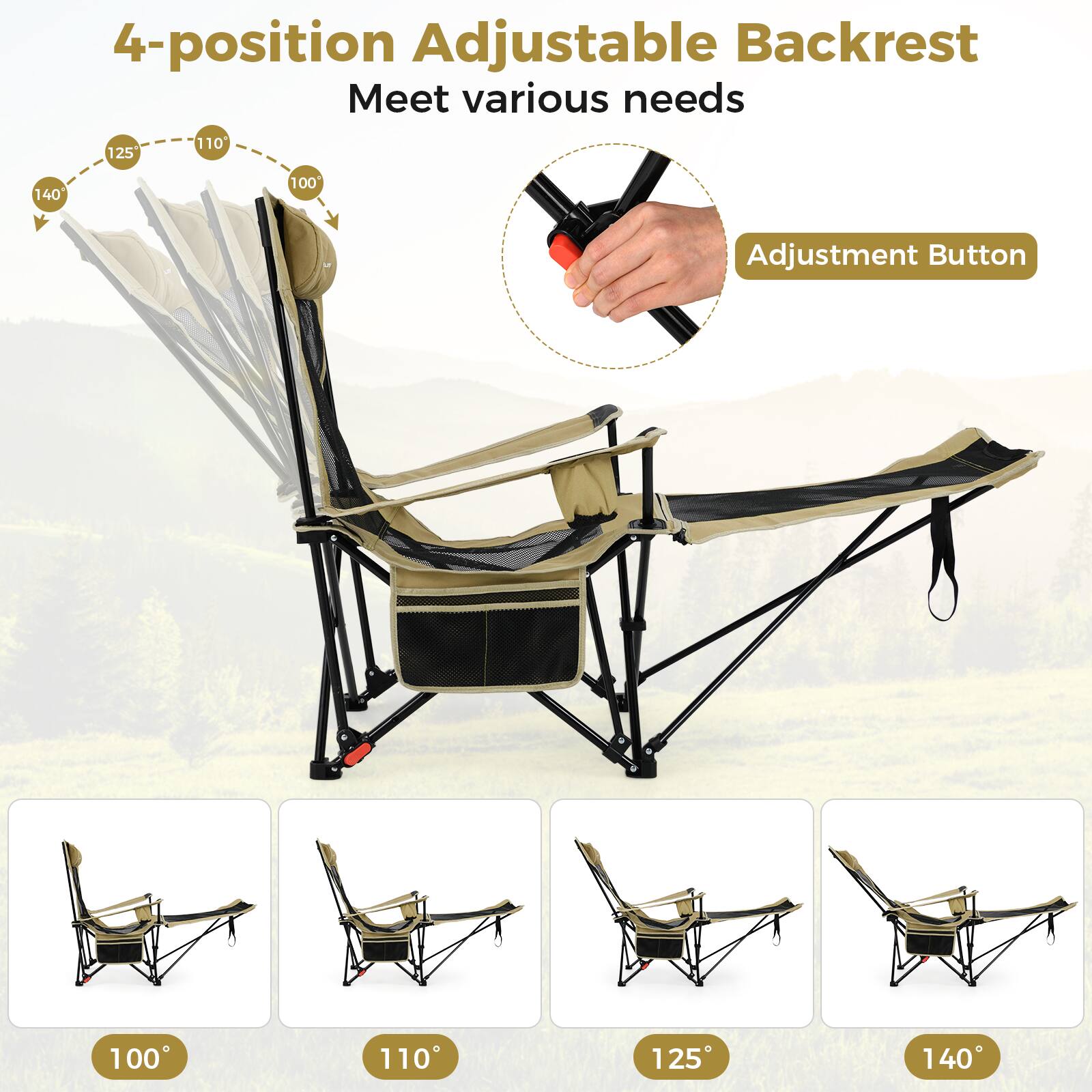 4-position Adjustable Backrest  
Meet various needs  

125° 110° 140° 100°  

Adjustment Button  

100° 110° 125° 140°