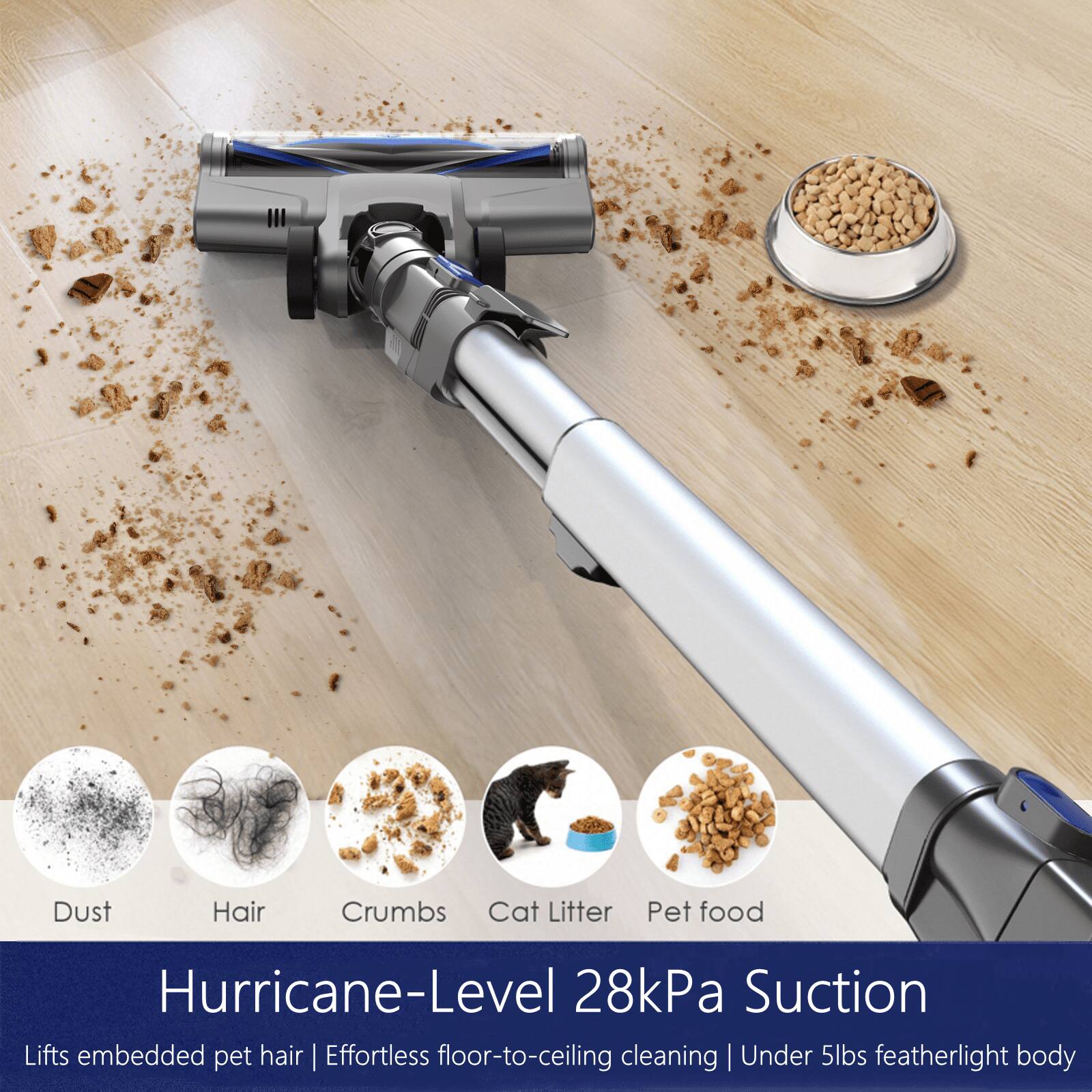 Dust, Hair, Crumbs, Cat Litter, Pet food, Hurricane-Level 28kPa Suction, Lifts embedded pet hair | Effortless floor-to-ceiling cleaning | Under 5lbs featherlight body