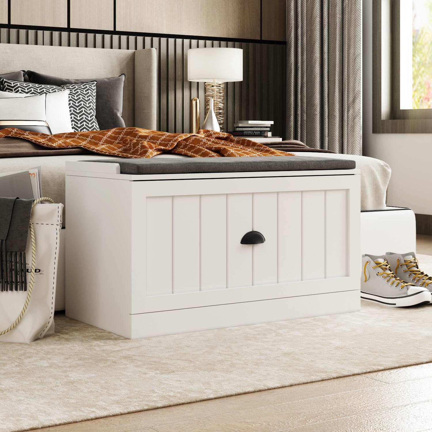 Back. FUFU&GAGA - Entryway Storage Bench with Cushion and Wall Hooks Organizer with Shelf for Shoes Coats and Daily Essentials - White.