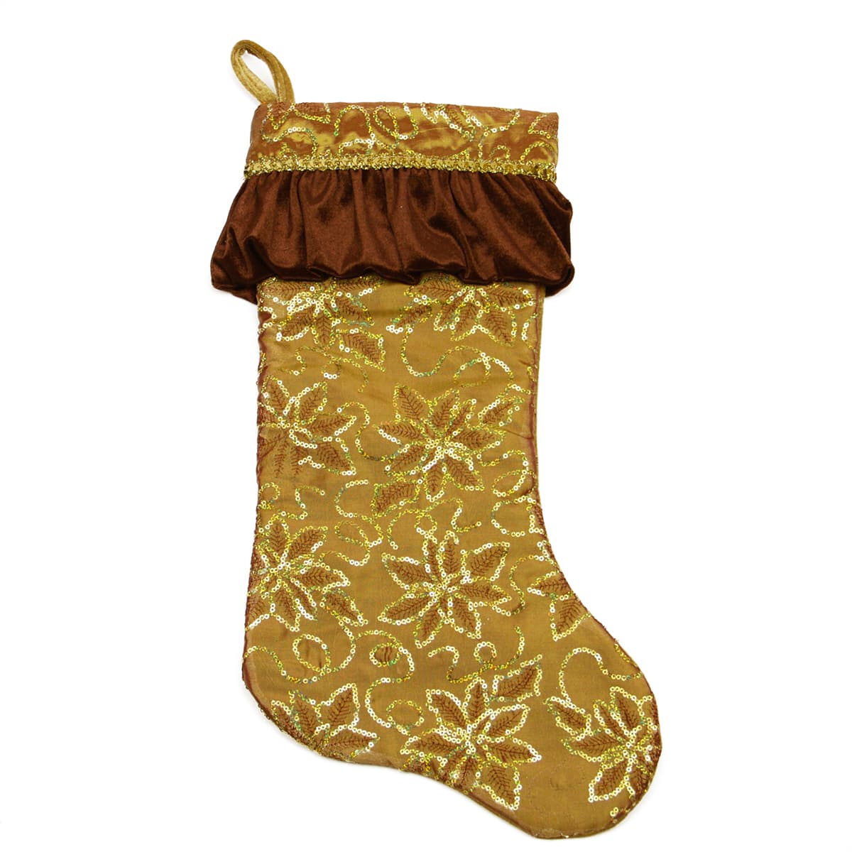 Northlight - 19" Sequined Floral Venetian Style Ruffle Cuff Christmas Stocking - Gold