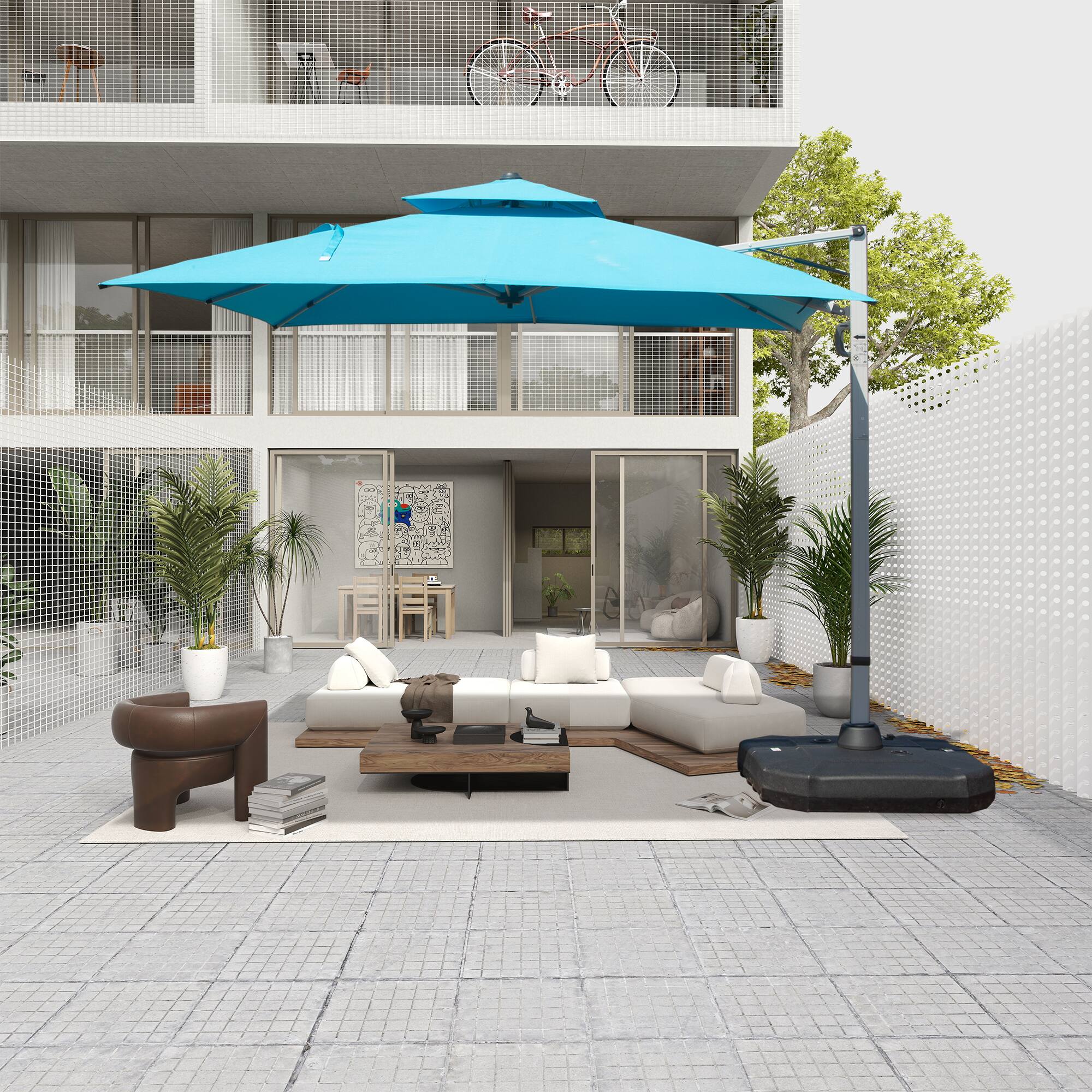 Alt View 1. Ecooso - 10'X10' Square Cantilever Umbrella with Center Pole (Base Not Included) - Lake Blue.