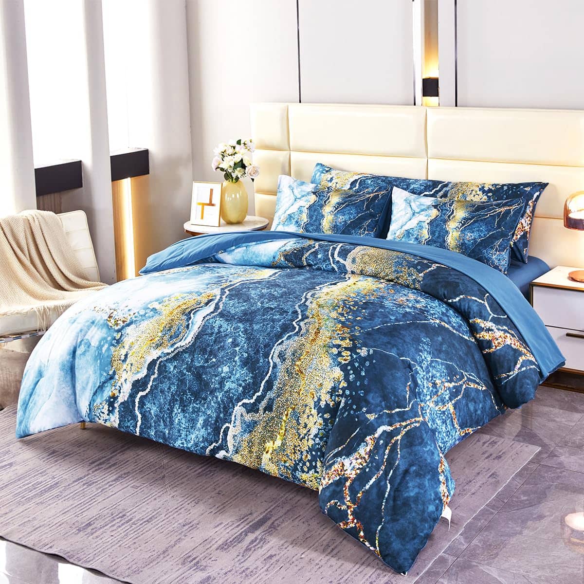 Cedar Assembly - Watercolor Marble Printed Comforter Set 6 Bedinabag With Matched Bed Sheets Colorful Retro Artwork Style - Capri Blue-california king(6Pcs)