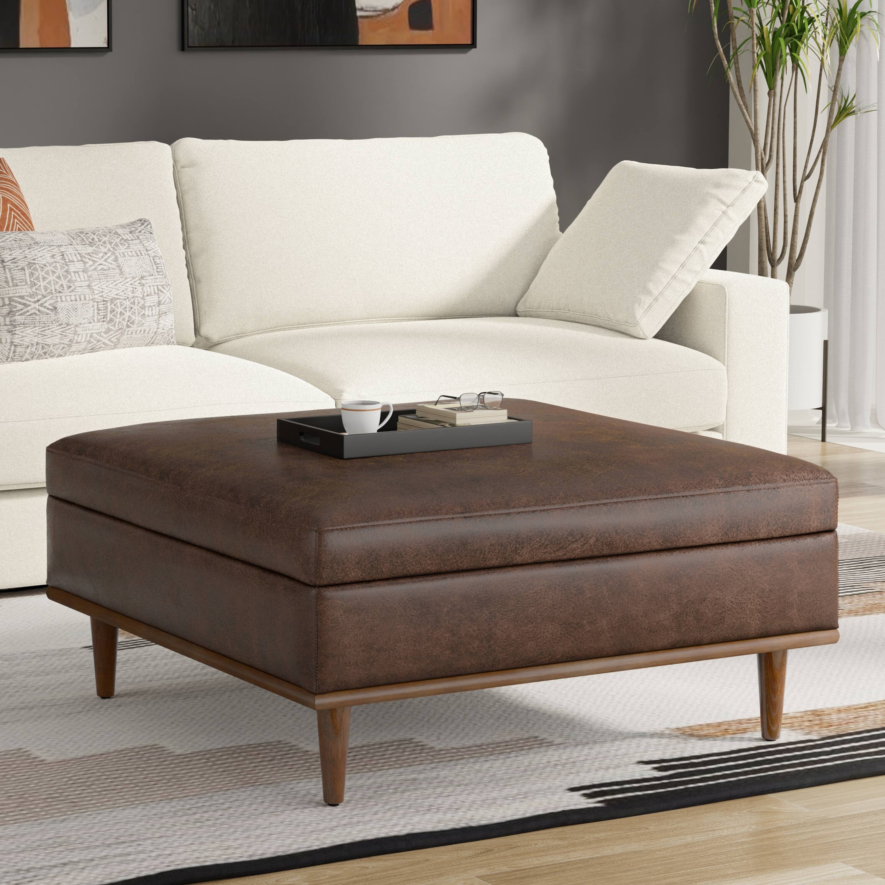 Angle. Simpli Home - Shiloh 38 inch Transitional Contemporary Storage Ottoman in Distressed Chestnut Brown Vegan Faux Leather, Assembled - Distressed Chestnut Brown.