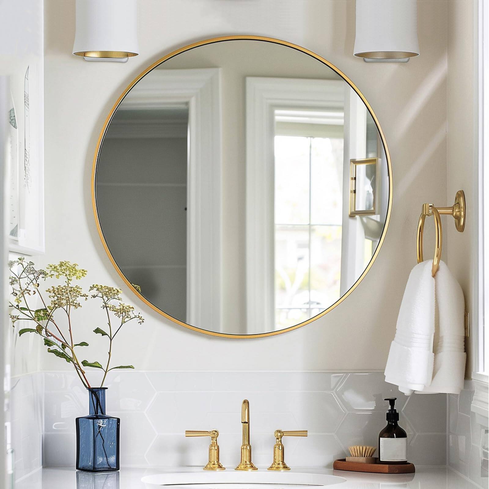 Alt View 3. Skar Audio - Round 24 Inch Circle Metal Frame Bathroom Mirrors Wall Mounted For Hallway Living Room Bedroom Gold High - Black 24"L x 24"W.