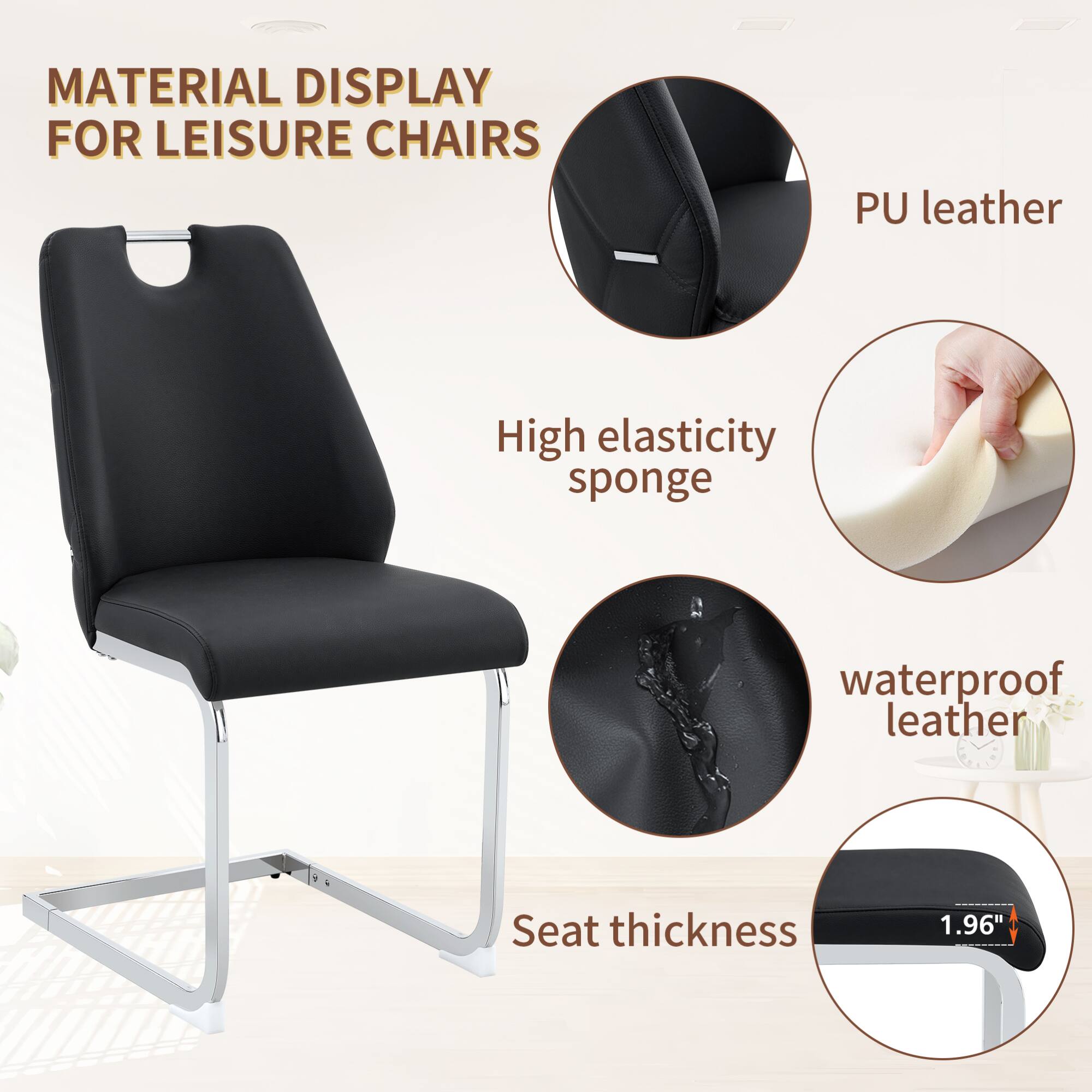 MATERIAL DISPLAY FOR LEISURE CHAIRS

- PU leather
- High elasticity sponge
- waterproof leather
- Seat thickness 1.96"