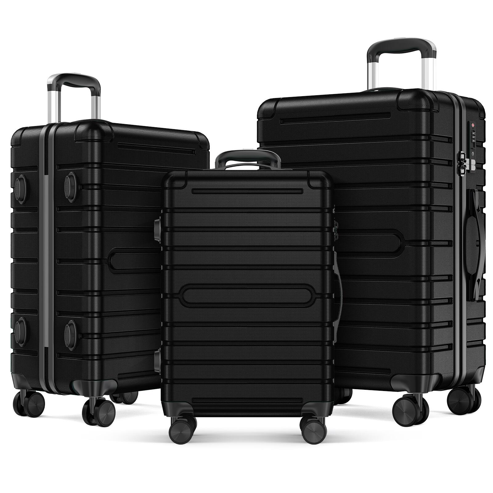 Sugift - 3-Piece Hardshell Luggage Sets Checked Spinner PC & ABS Suitcase Set with YKK Zipper & TSA Lock,20in/24in/28in - Black