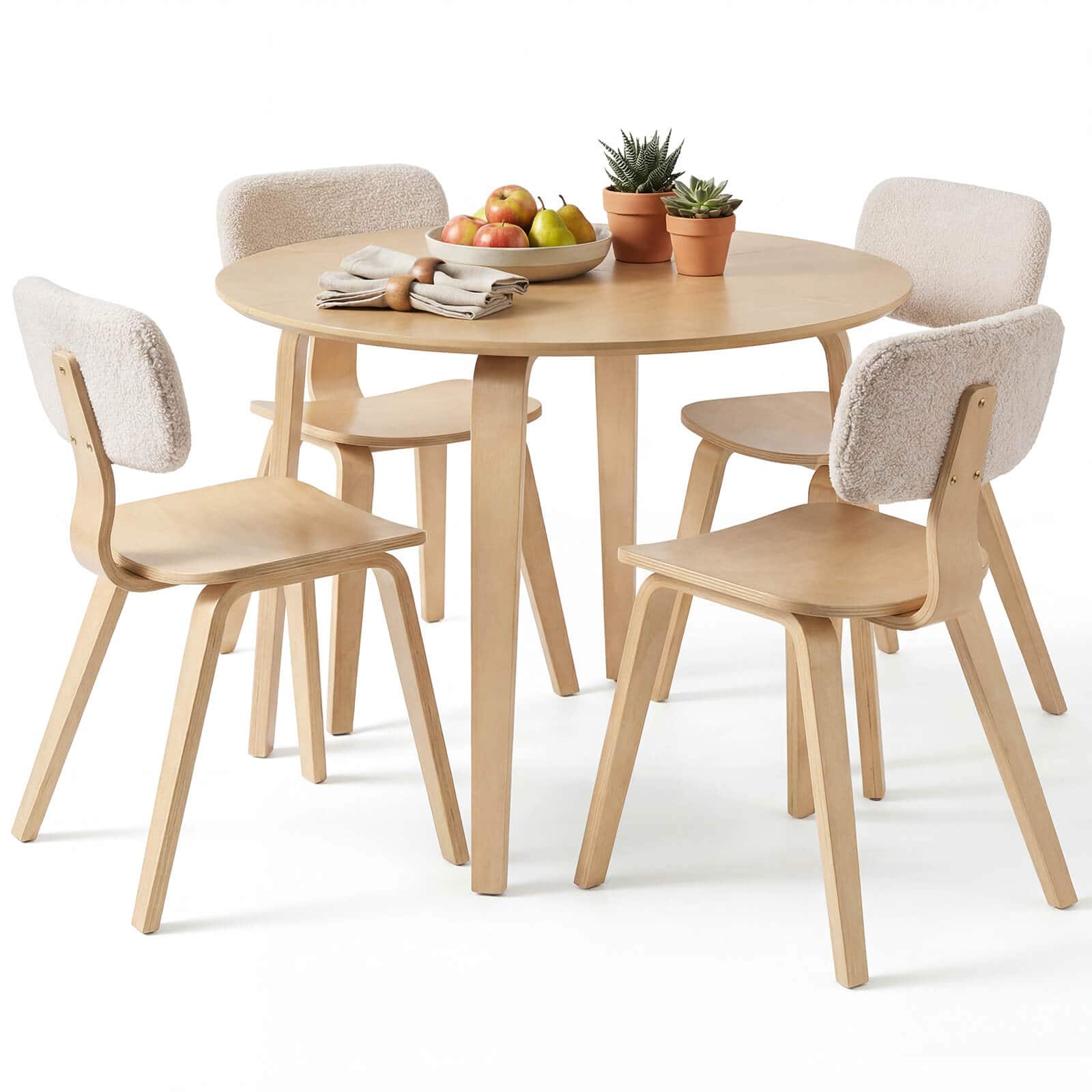 Costway - 5 PCS Dining Table Set with 4 Padded Dining Chairs, Circle Dinner Dinette Table - Beige & Natural