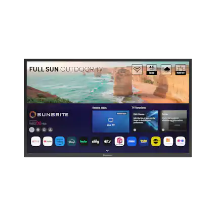 Full Sun Outdoor TV 4K HIW UHD 1500 NIT Recent Input TV functions SUNBRITE web OS Hub Roku smart home control. Guide Check live TV schedule and information. + Netflix, Prime Video, Disney+, Hulu, Sling TV, Showtime, Starz, and more.