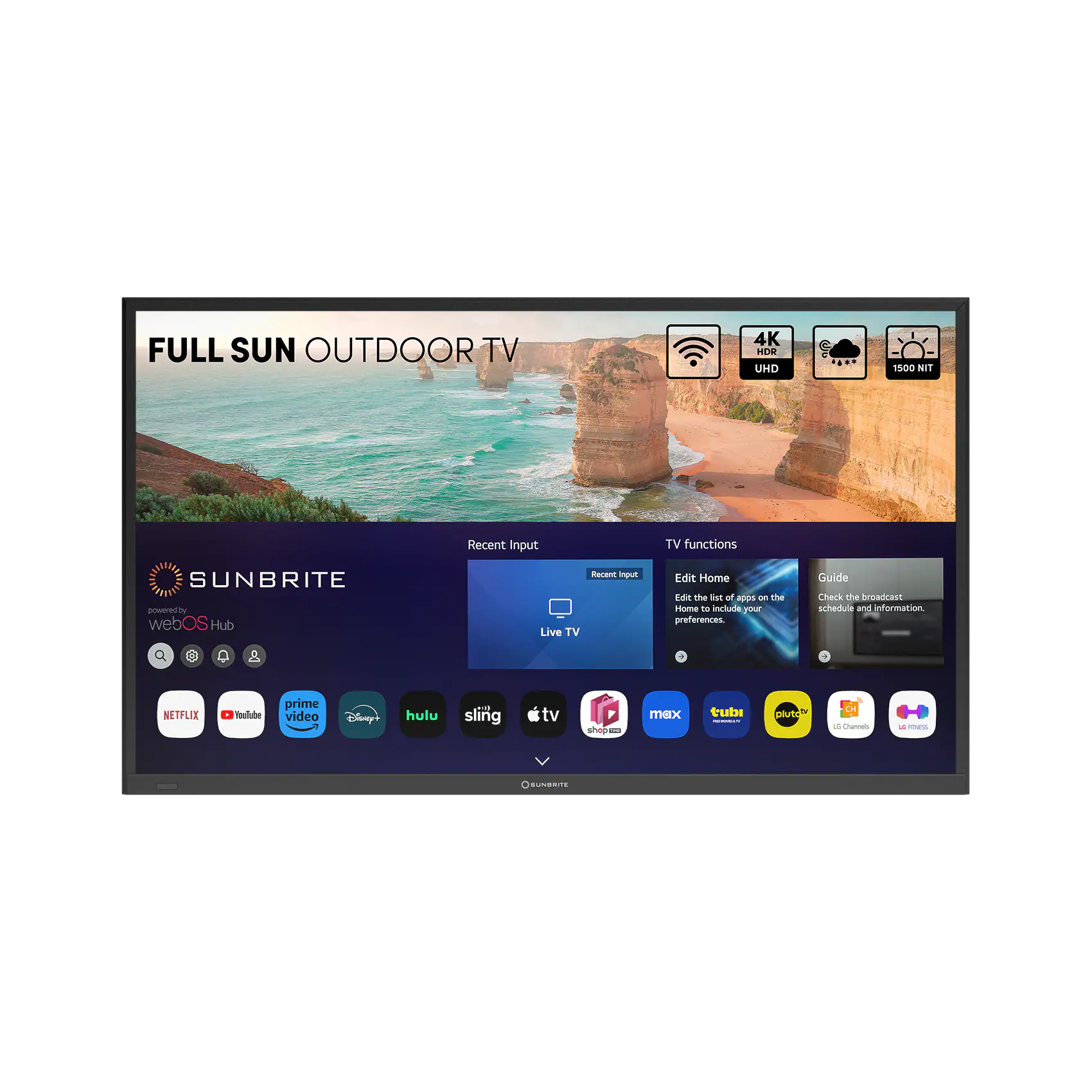 Full Sun Outdoor TV 4K HIW UHD 1500 NIT Recent Input TV functions SUNBRITE web OS Hub Roku smart home control. Guide Check live TV schedule and information. + Netflix, Prime Video, Disney+, Hulu, Sling TV, Showtime, Starz, and more.