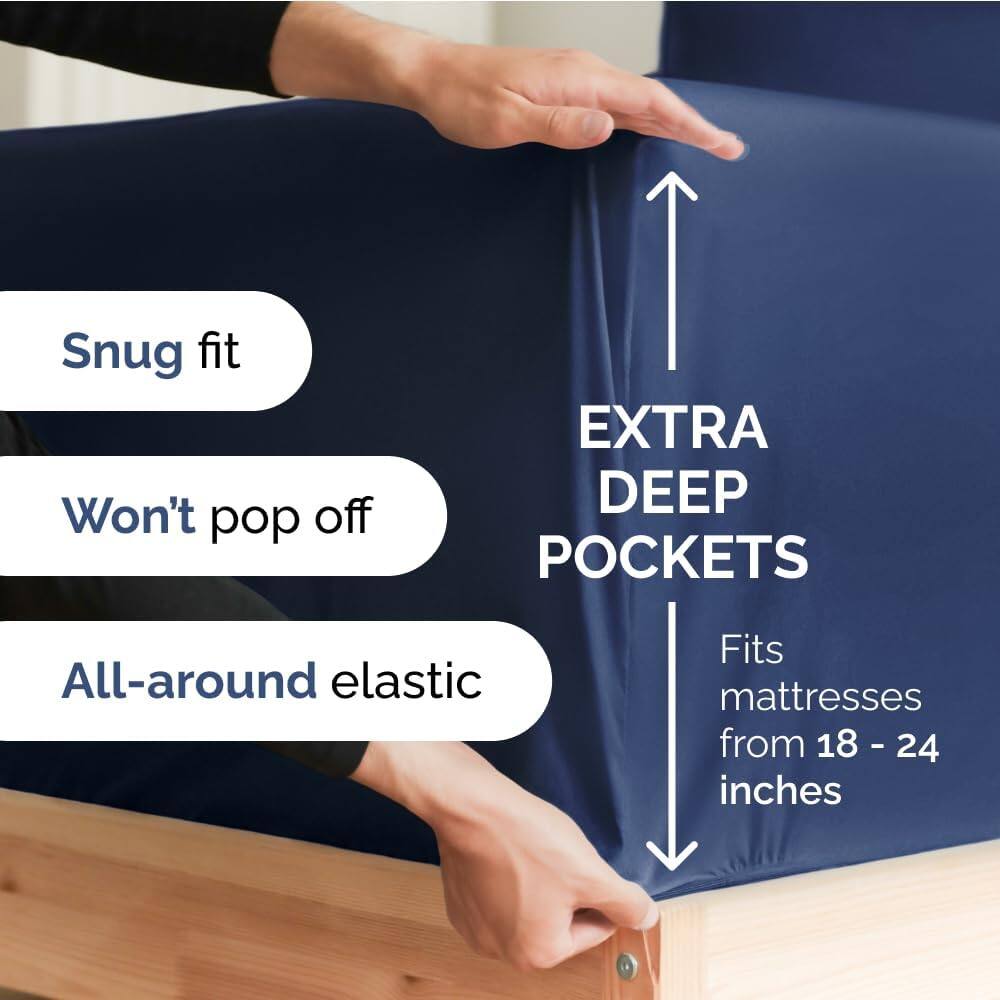 Snug fit  
Won't pop off  
EXTRA DEEP POCKETS  
All-around elastic  
Fits mattresses from 18 - 24 inches