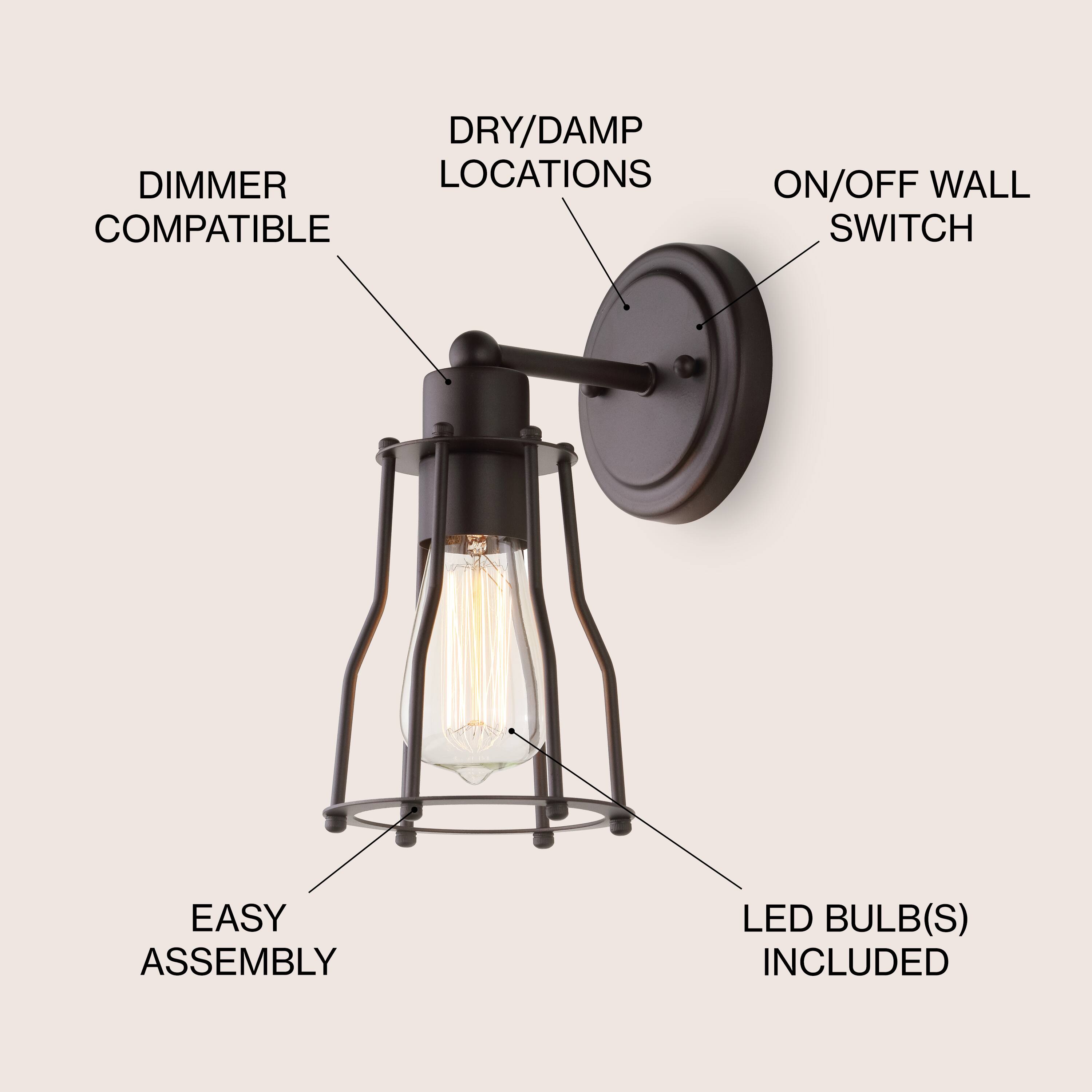 - DIMMER COMPATIBLE
- DRY/DAMP LOCATIONS
- ON/OFF WALL SWITCH
- EASY ASSEMBLY
- LED BULB(S) INCLUDED
