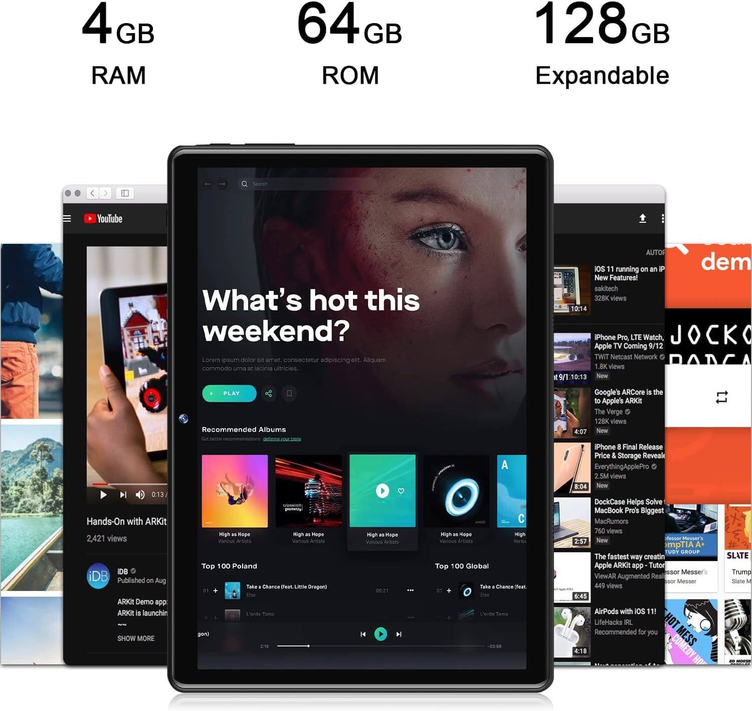 4 GB RAM  
64 GB ROM  
128 GB Expandable  

What's hot this weekend?  

YouTube  
- Hands-On with ARKit  
  2,421 views  
  0:13  
  iDB  
  Published on Aug 10  

Recommended Albums  
- Top 100 Poland  
  Take Chance feat. Little Dragon  
  Lorde Tena  
- Top 100 Global  
  Take Chance feat. Little Dragon  
  Lorde Tena  

AUTO iOS 11 running on an iPhone Pro, LTE Watch, JOCKO Apple TV Coming 9/12  
328K views  
10:14  

Google's ARCore is the to Apple's ARKit  
The Verge  
6 128K views  
4:07  

iPhone 8 Final Release Price & Storage Revealed  
EverythingApplePro  
2.5M views  
8:04  

DockCase Helps Solve MacBook Pro's Biggest  
MacRumors  
750 views  
2:57  

The fastest way to create an Apple ARKit app  
Tutor is Messer's ViewAR Augmented Reality  
449 views  
4:54