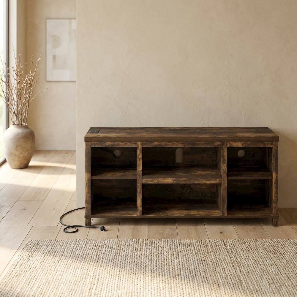 Left. FurniFact - Wooden 3-Tier Entertainment Center for TV up to 55 Inch - Amber Pine.