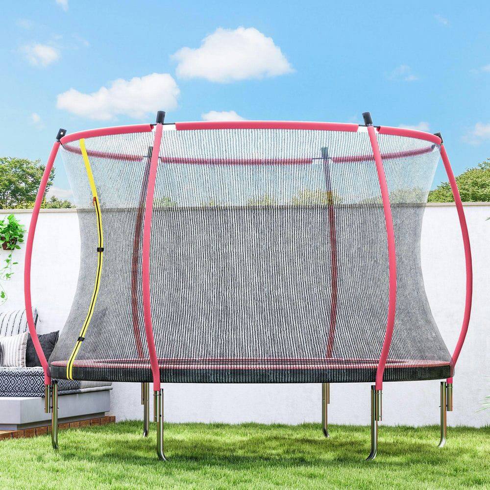 Angle. Resenkos - 10-Foot Outdoor Trampoline with Safety Enclosure Net, ASTM Certified - Pink - Orange.