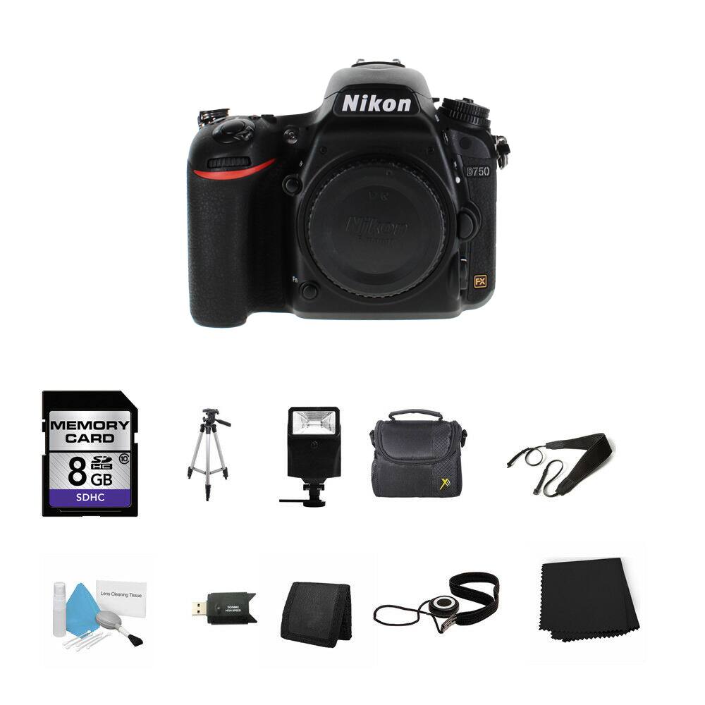 Nikon D750  
Nikon FX MEMORY CARD 8 GB SDHC  
HC  
Lense Cleaning Cloth  
Tripod  
Flash  
Camera Bag  
Strap  
USB Cable  
Cleaning Brush  
Microfiber Cloth