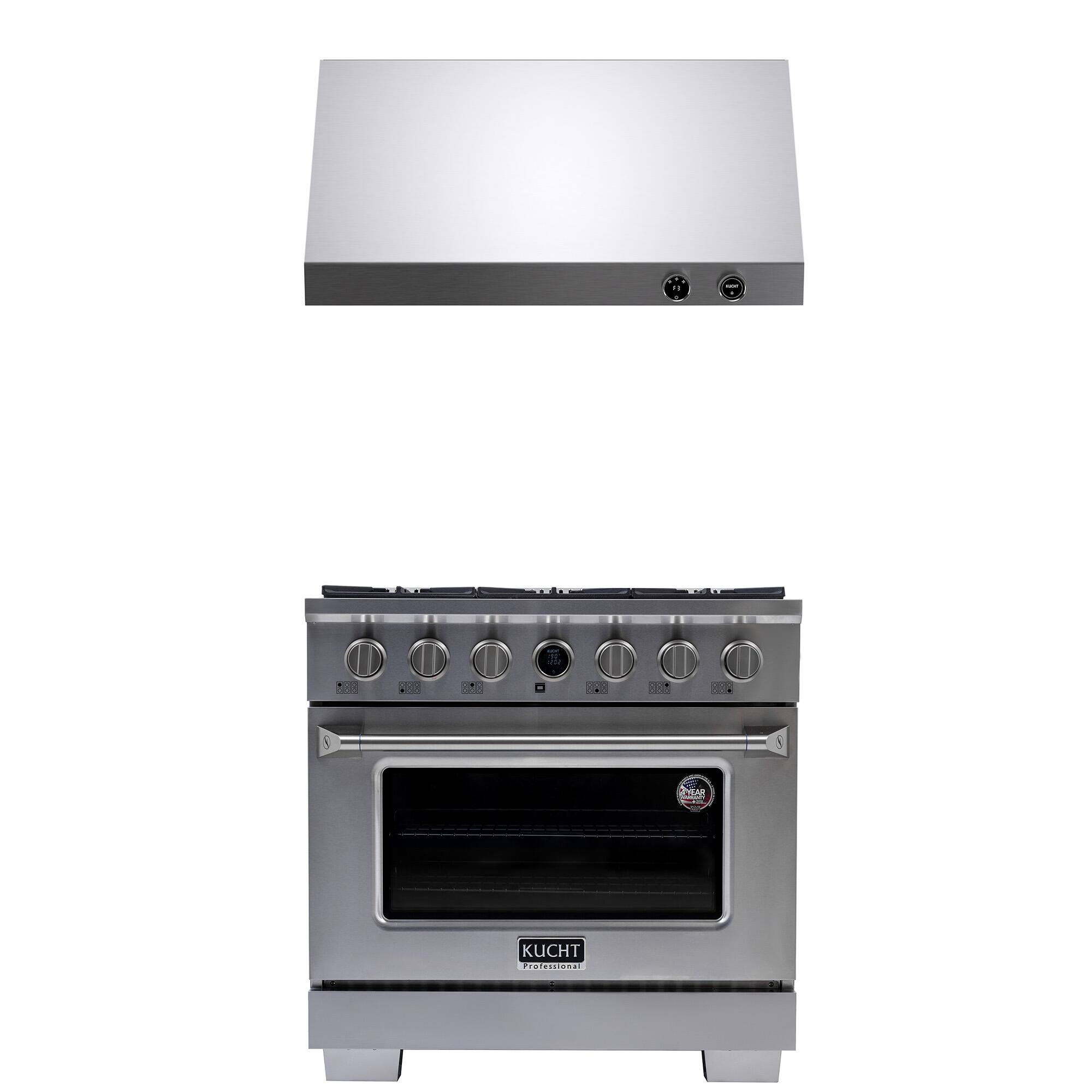 Front. Kucht - 36 in. 5.2 cu. ft. 6 Burners Dual Fuel Range for Propane Gas in Stainless Steel + Under Cabinet Range Hood - Stainless Steel.